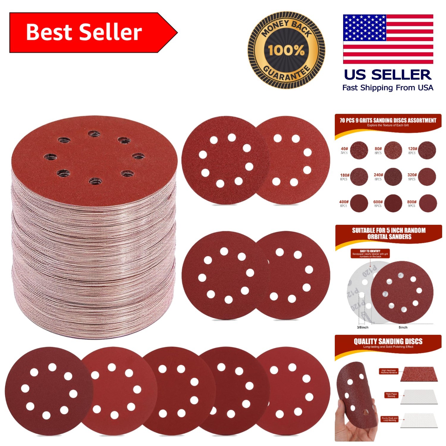 70 PCS 5-Inch 9 Grit Hook and Loop Sanding Discs – Durable Aluminium Oxide