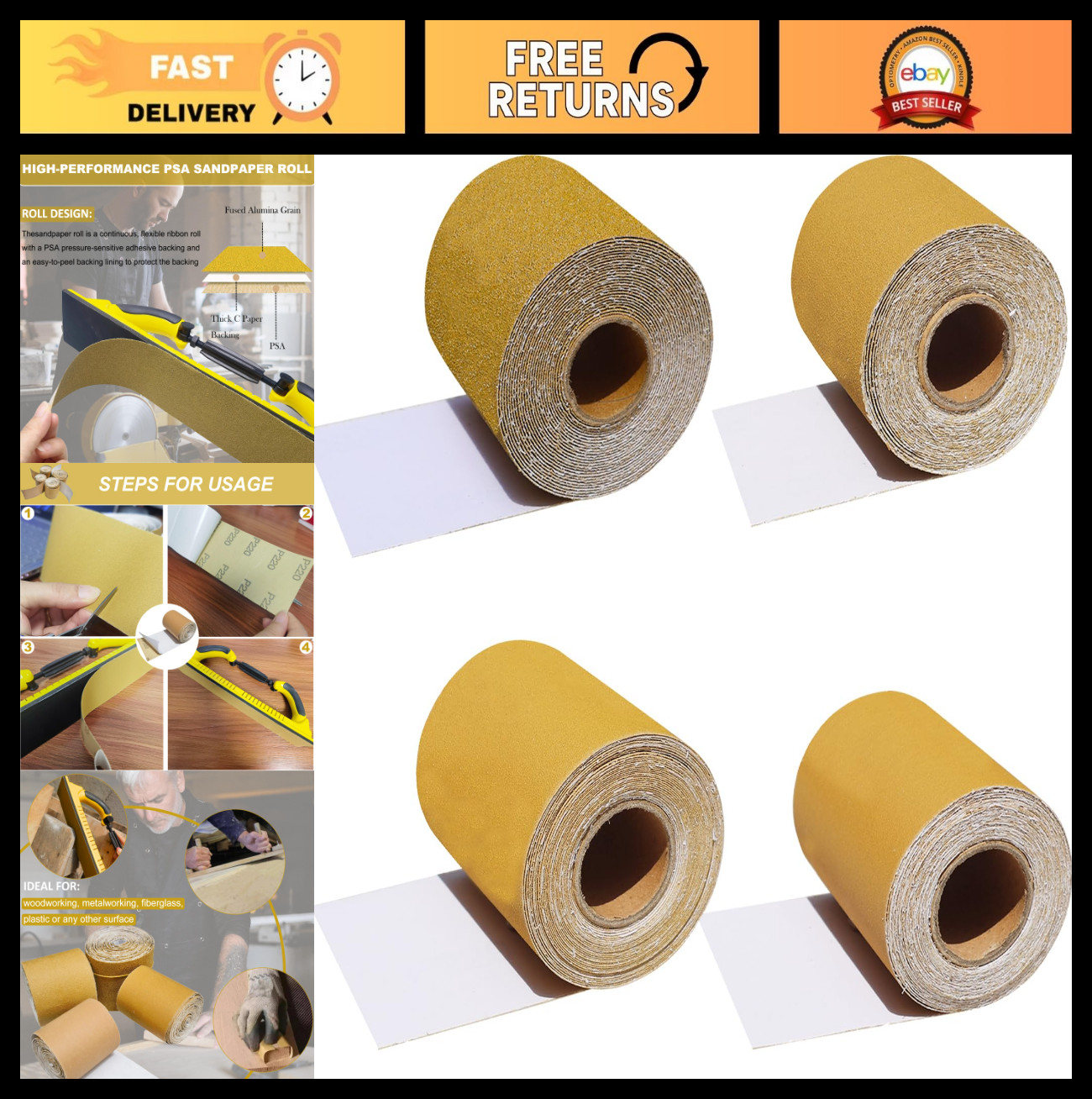 20 Yards PSA Longboard Sandpaper Roll – 80 120 220 320 Grit, 2-3/4″ Wide, Self-A