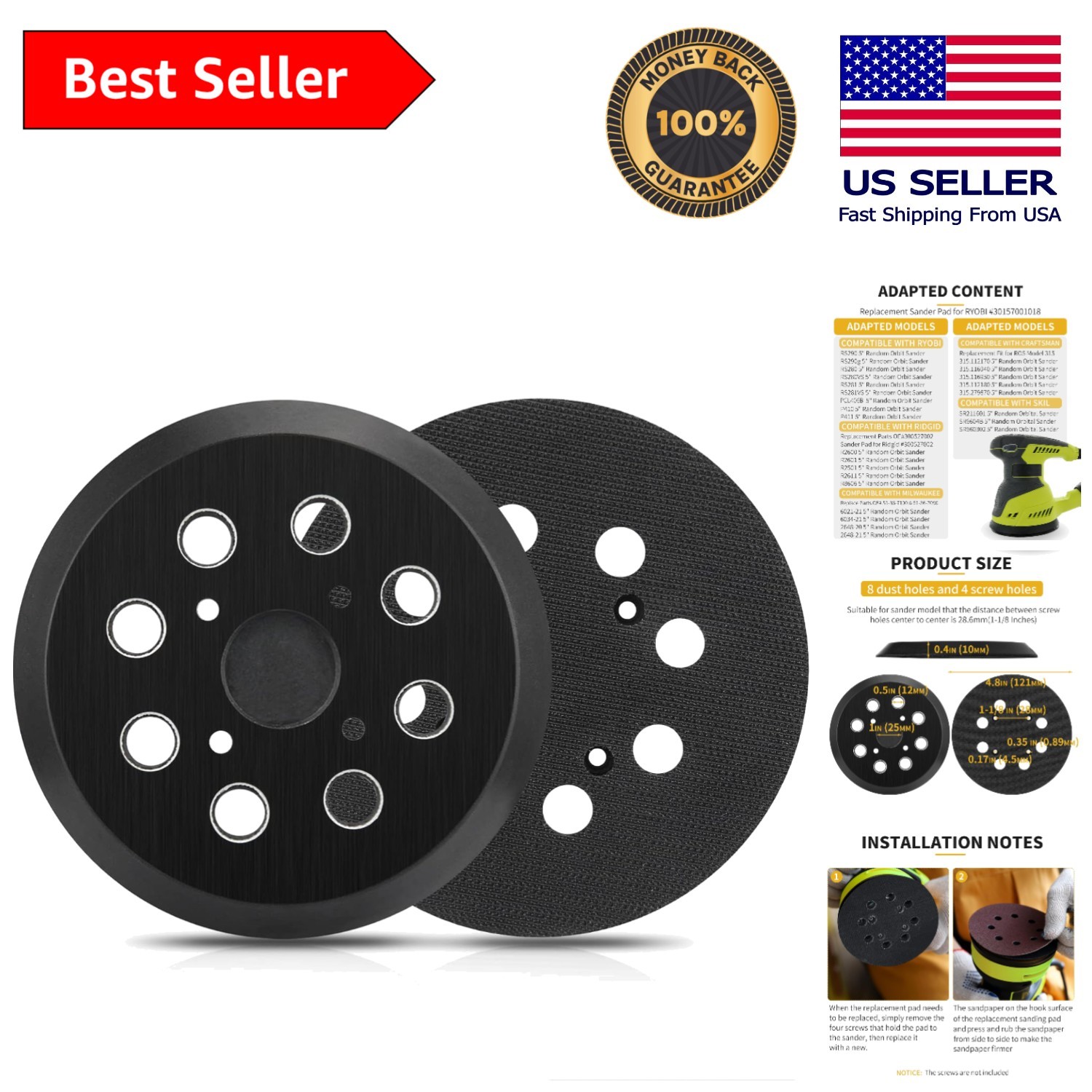 5″ Hook & Loop Sander Pads – 8 Hole Design for Ryobi RS240 RS290 Compatibility