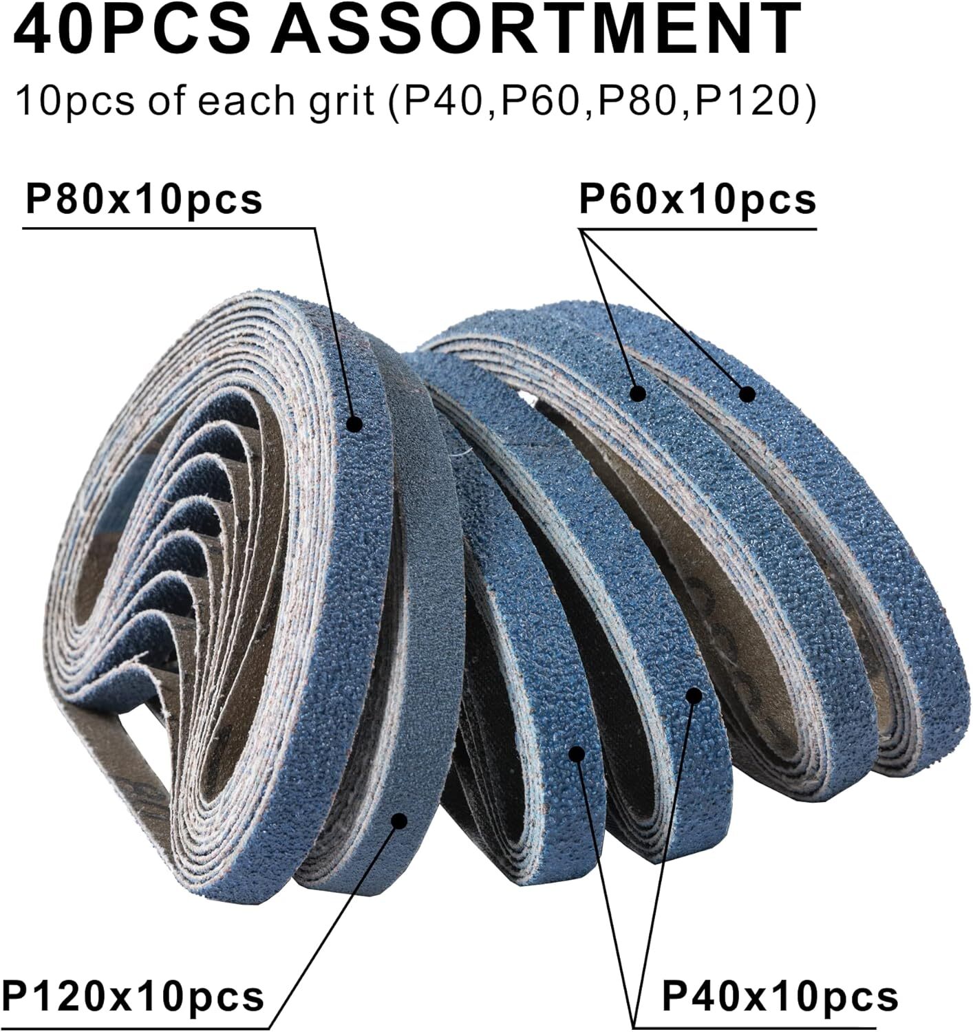 3/8 X 13 Inch Zirconia Sanding Belts, 40PCS Assorted Grits (#40/#60/#80/#120), f