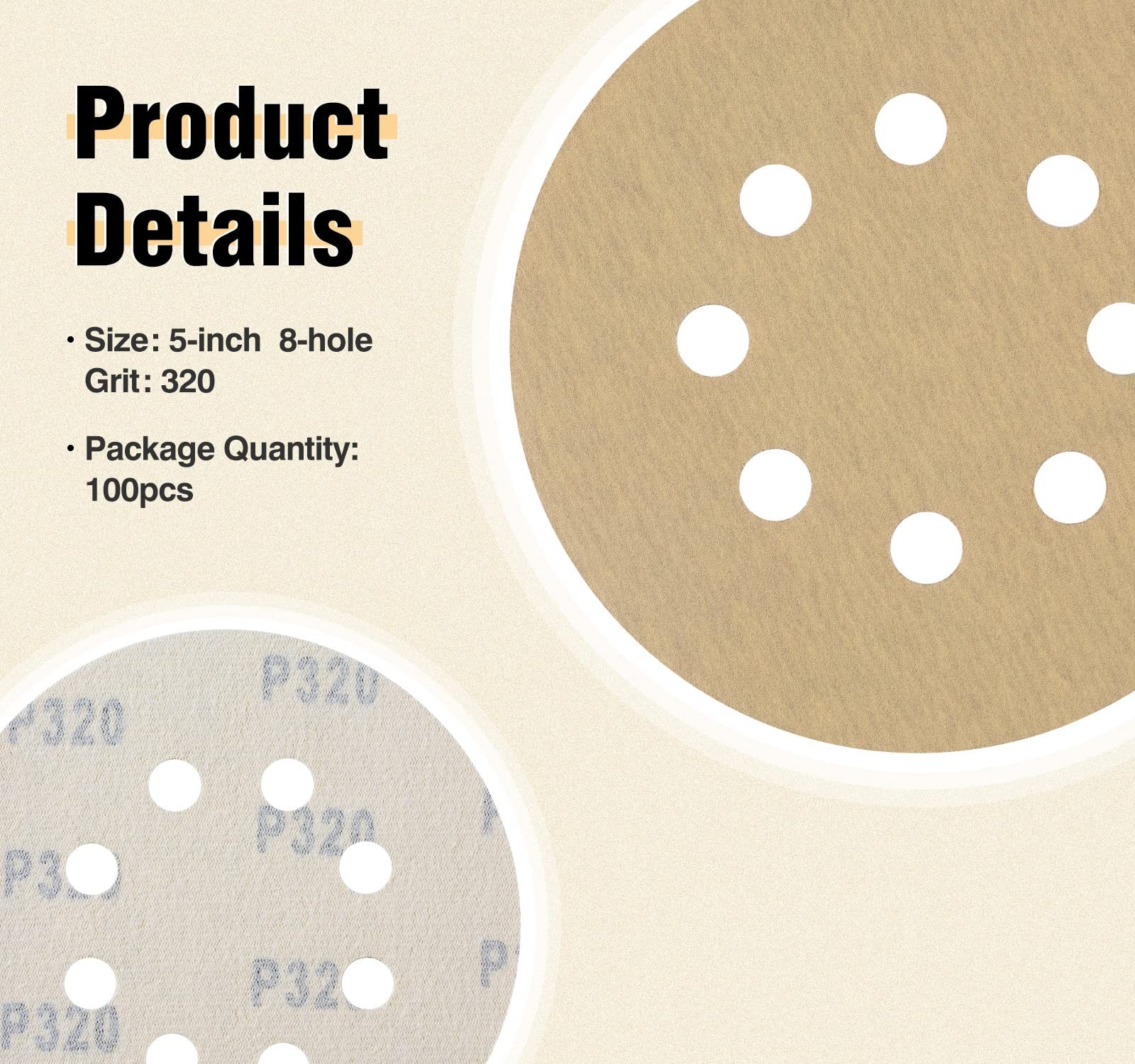 S SATC Sanding Disc 5Inch Hook and Loop 8 Hole 320 Grit Yellow