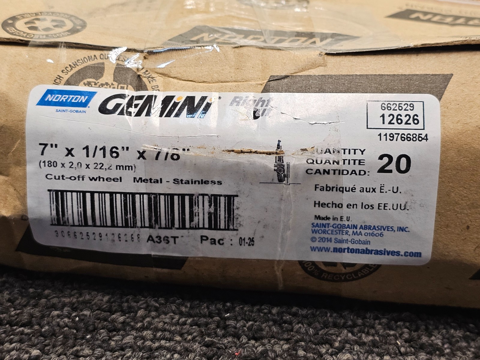 (QTY 20) Norton 12626 Cut Off Wheel 7″ x 1/16″ x 7/8″ Metal Cut Off Type 27
