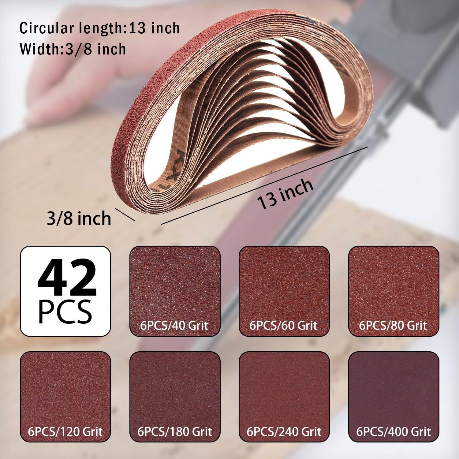 Sanding Belts 3/8×13 Inch 42 Pcs 7 Grits 40-400 Aluminum Oxide Air File Sander