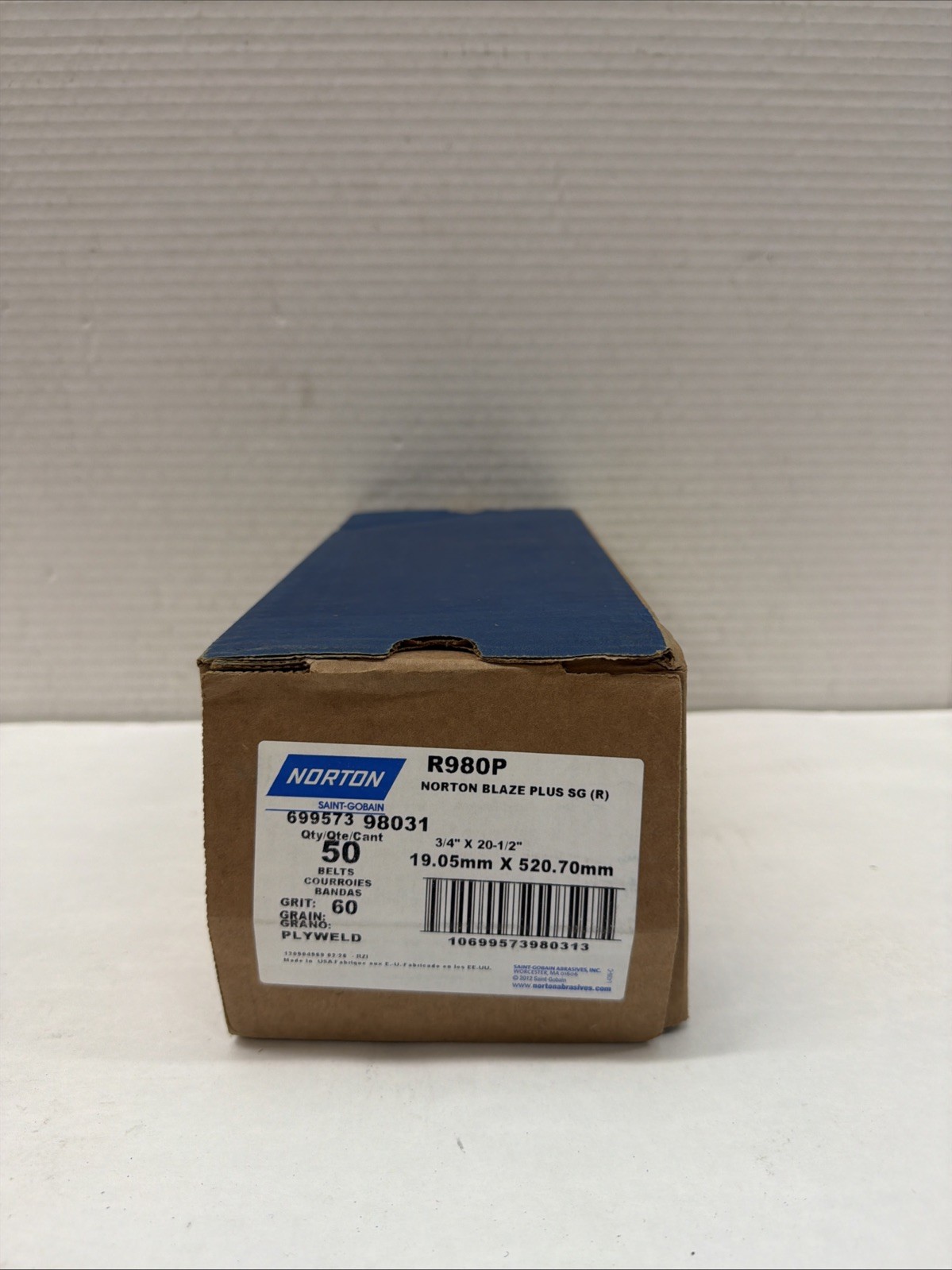 Norton 69957398031 3/4×20-1/2” Blaze R980P Premium Cloth File Belt 60 Grit 50 pk