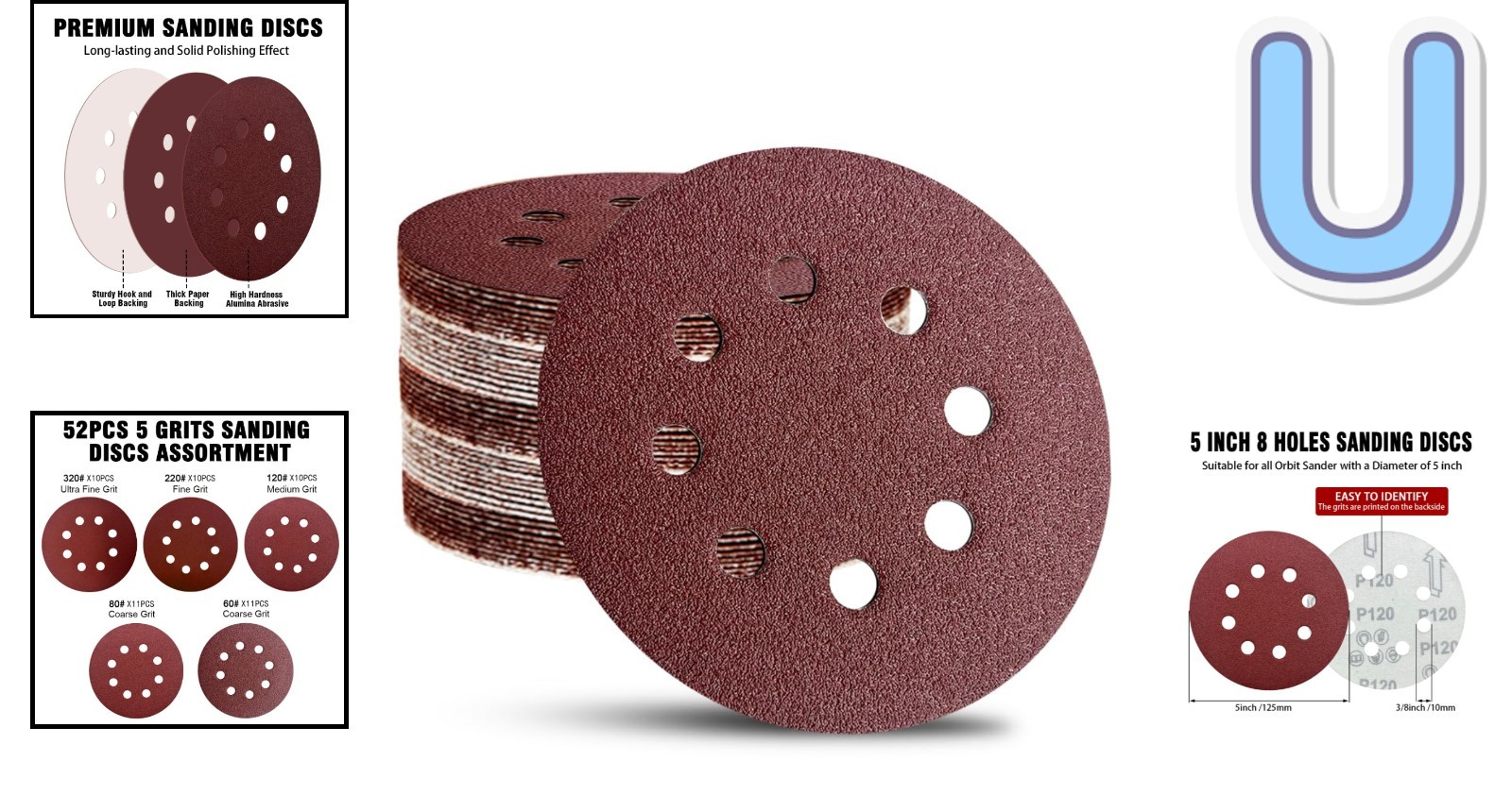 Durable 5-Inch Hook and Loop Sandpaper Discs – 52-Pack for Smooth Finishes