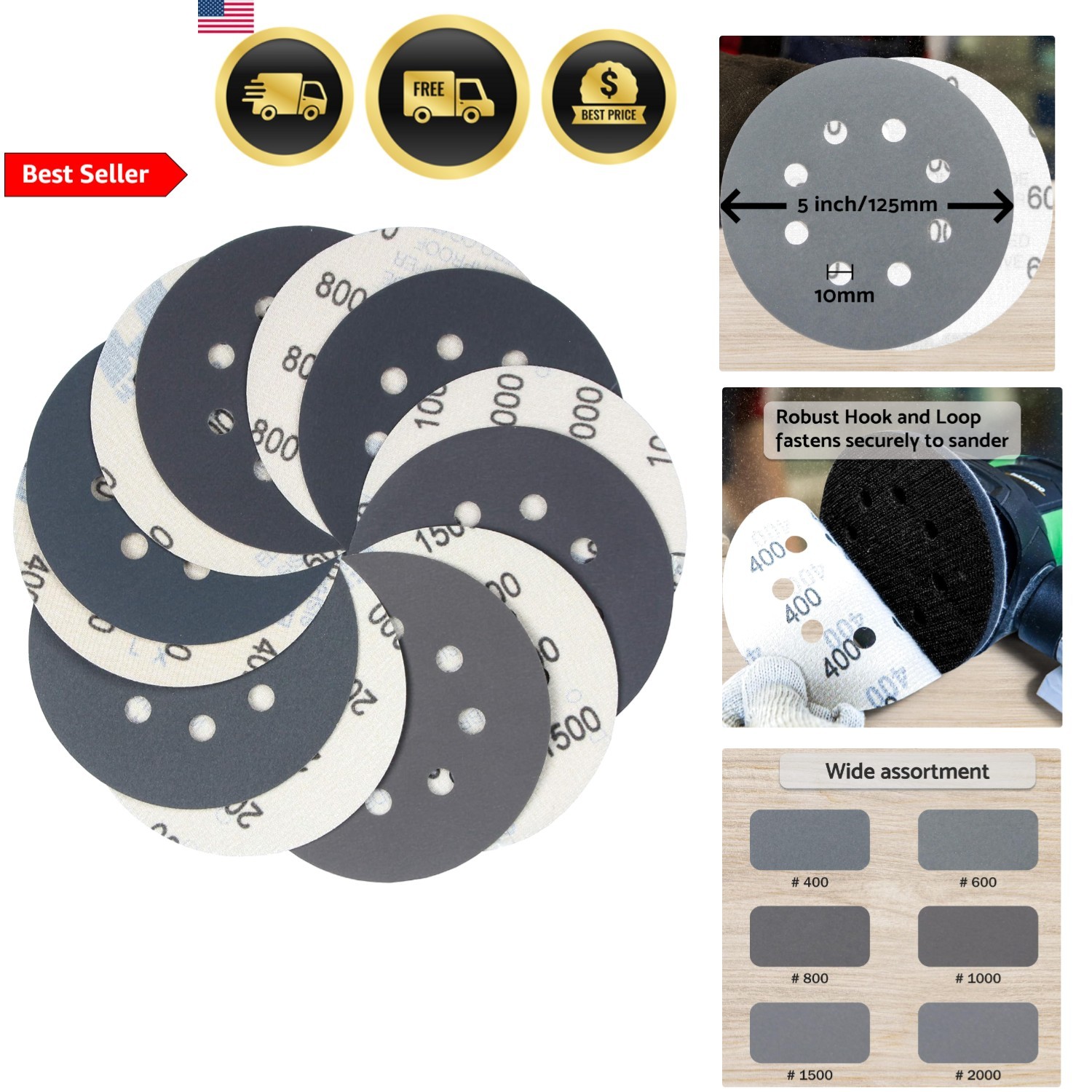 Wet Dry Sanding Discs Hook Loop 60pcs Grit 400 600 800 1000 1500 2000 Silicon…