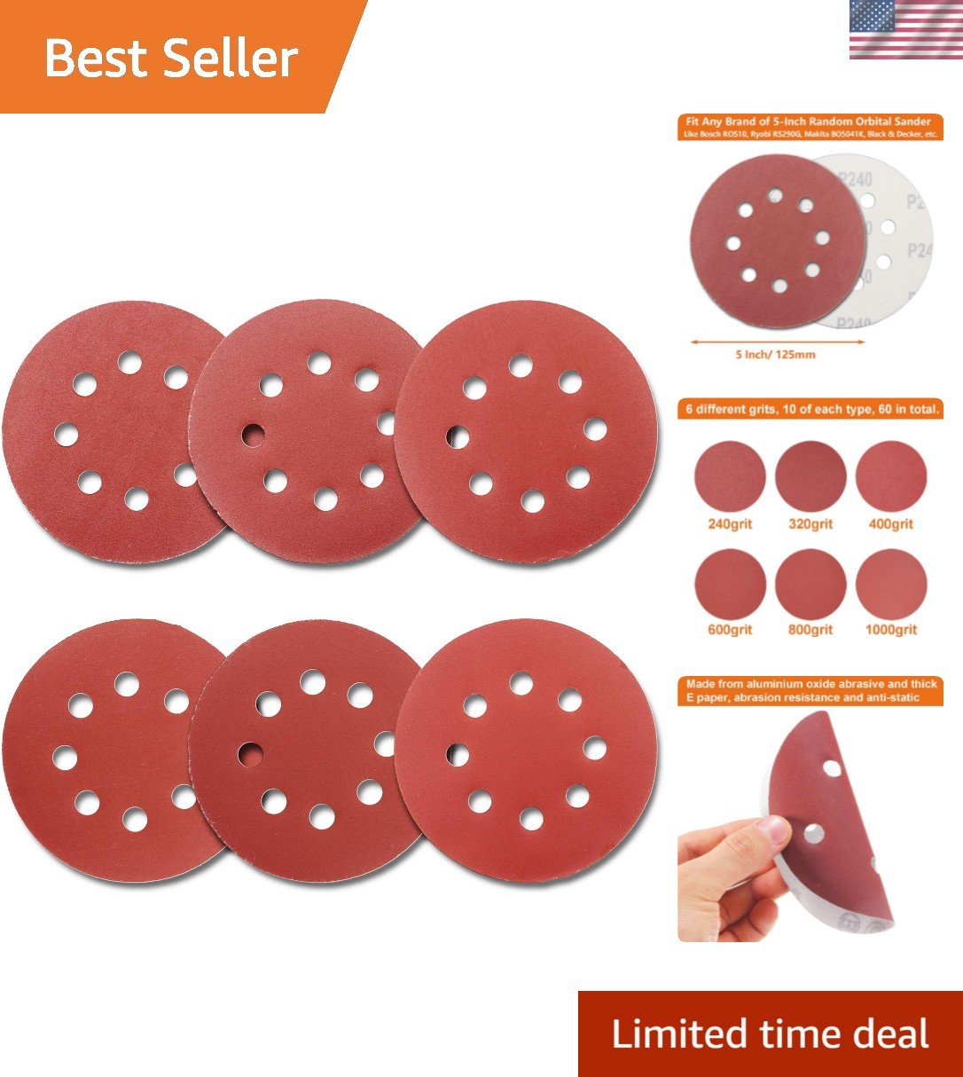 Durable 5-Inch Sanding Discs – 60Pcs in 6 Grit Varieties for Orbital Sanders