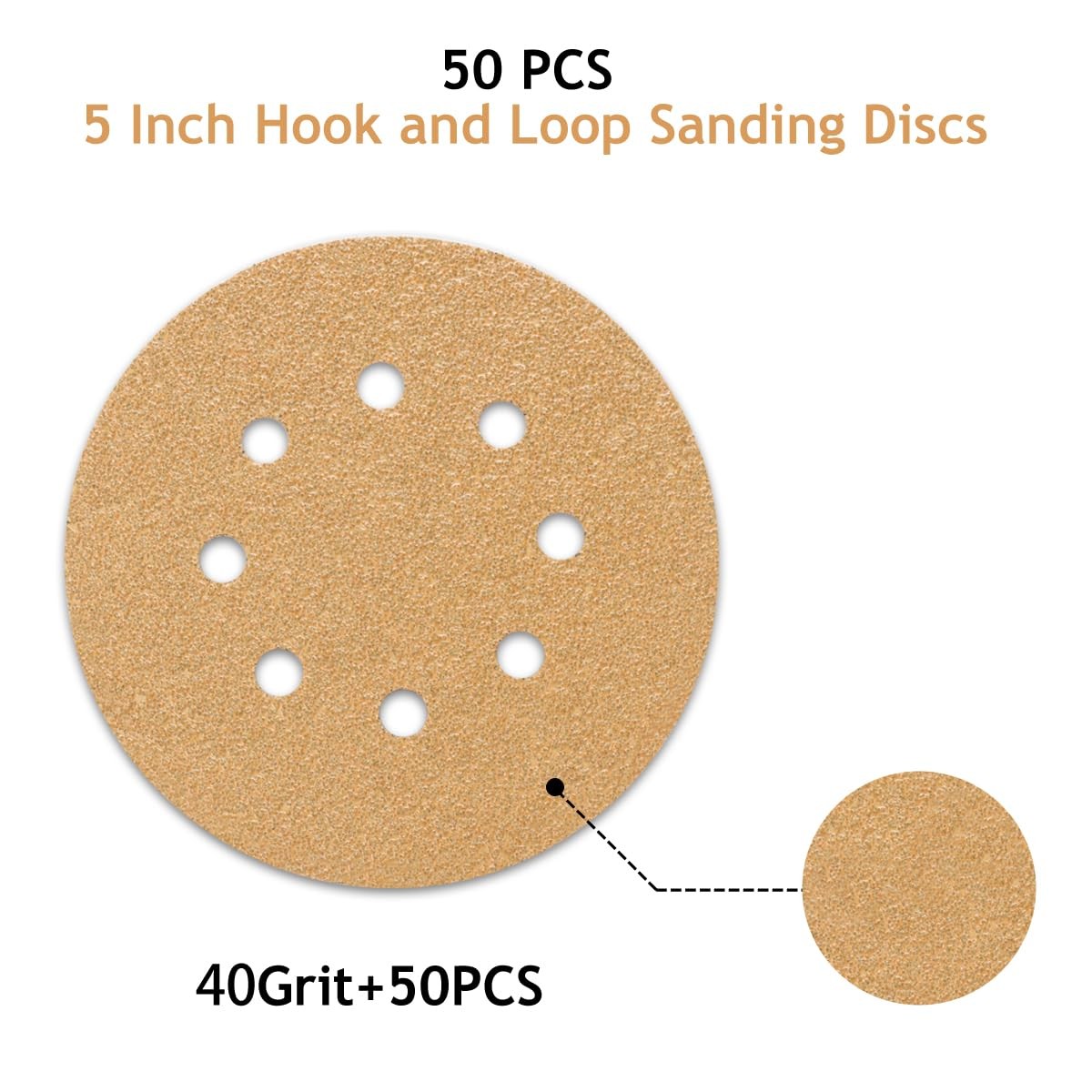 50 PCS 40 Grit 5 Inch 8 Hole Sanding Discs, Hook and Loop Gold Sandpaper Pads fo