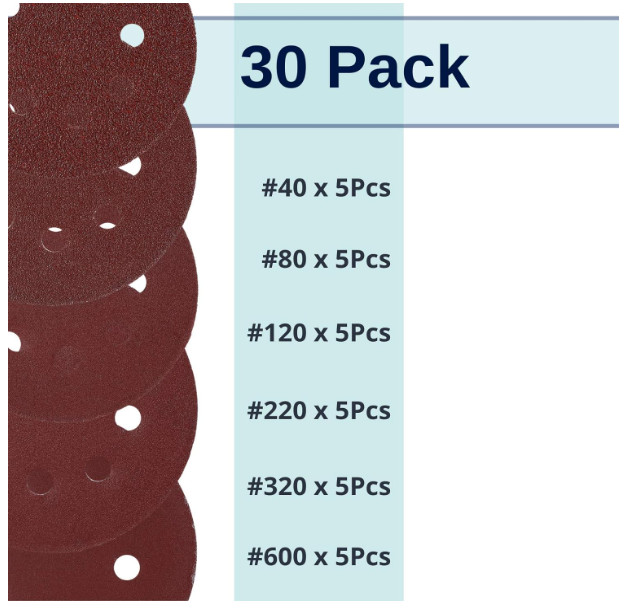 30Pk 5″ 8-Hole Sanding Discs Hook and Loop Round Sandpaper Orbital Sanding Pads