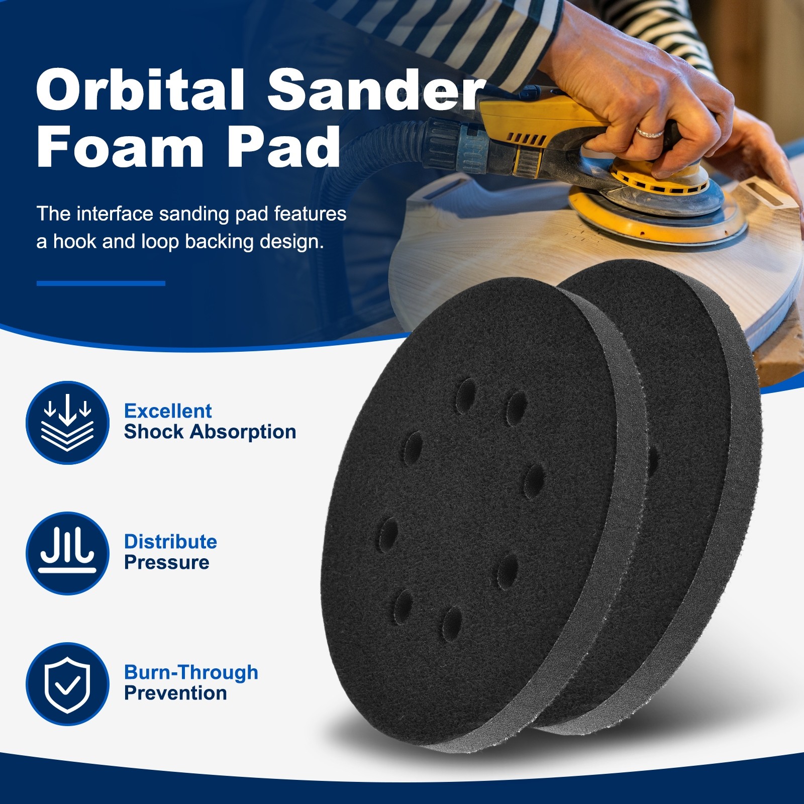 2Pcs 5 Inch 8 Hole Interface Pads for Orbital Sander, Black