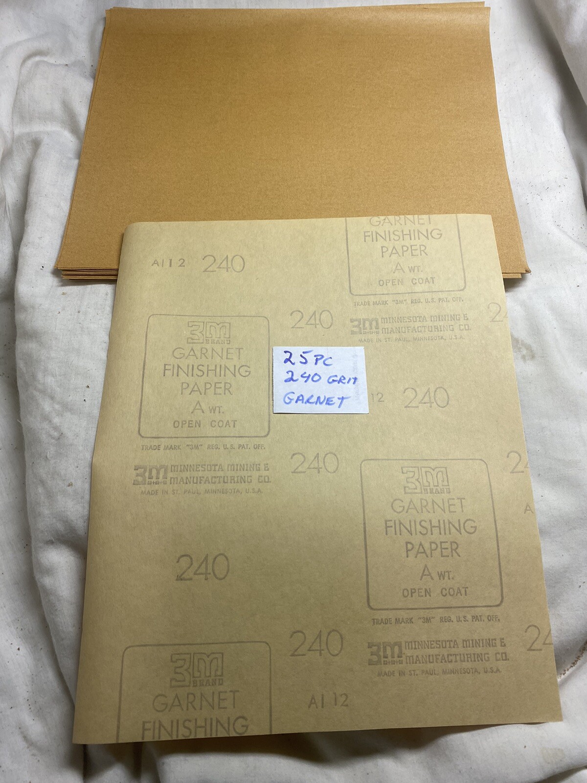25 Sheets 9″x 11” 240 Grit Garnet Sandpaper Sheets 3M. New Old Stock