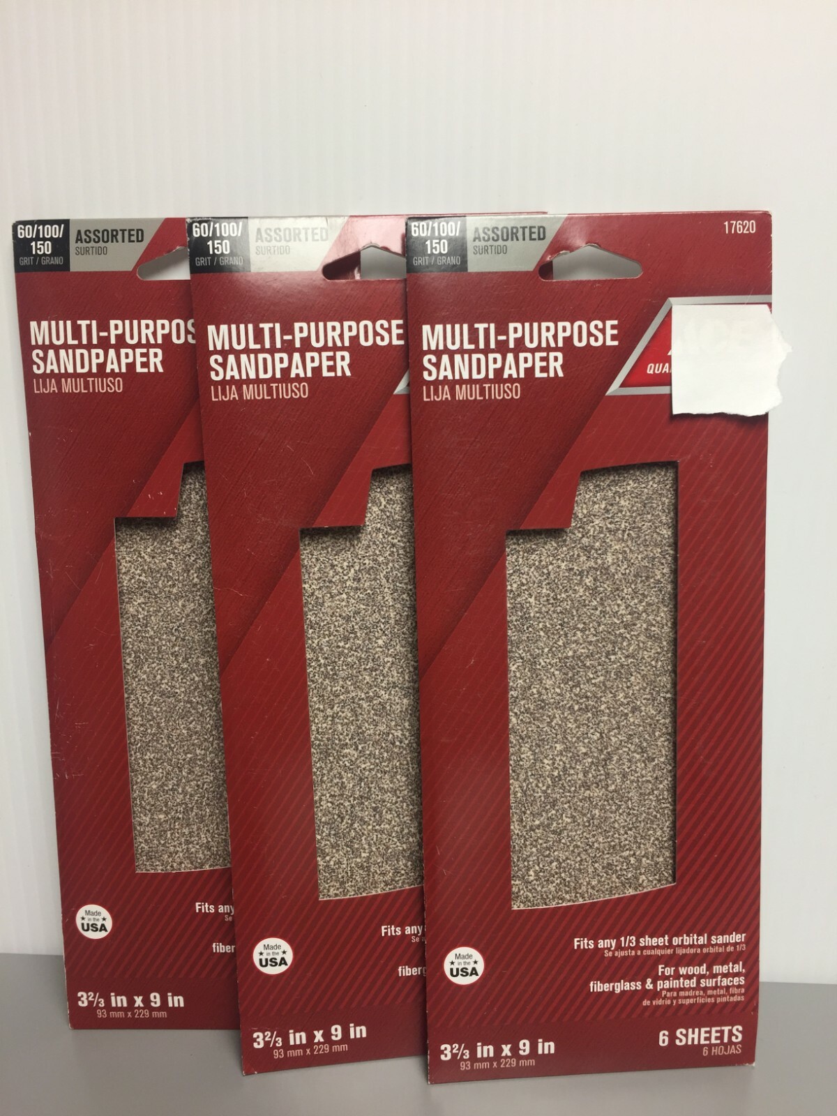 17620 9 in. L x 3-2/3 in. W Assorted Grit Aluminum Oxide Sandpaper 3 packs of 6