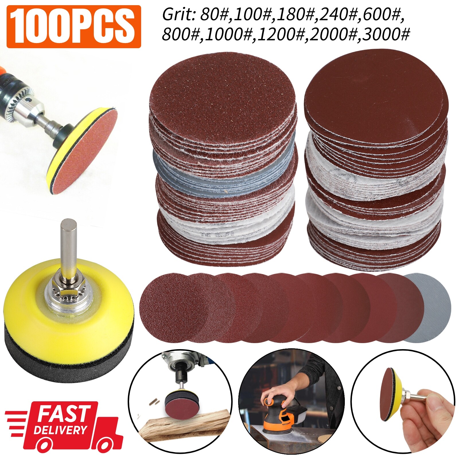 100pcs 2Inch 80-3000 Grit Mixed Sander Sanding Discs Pads Hook & Loop Sandpaper