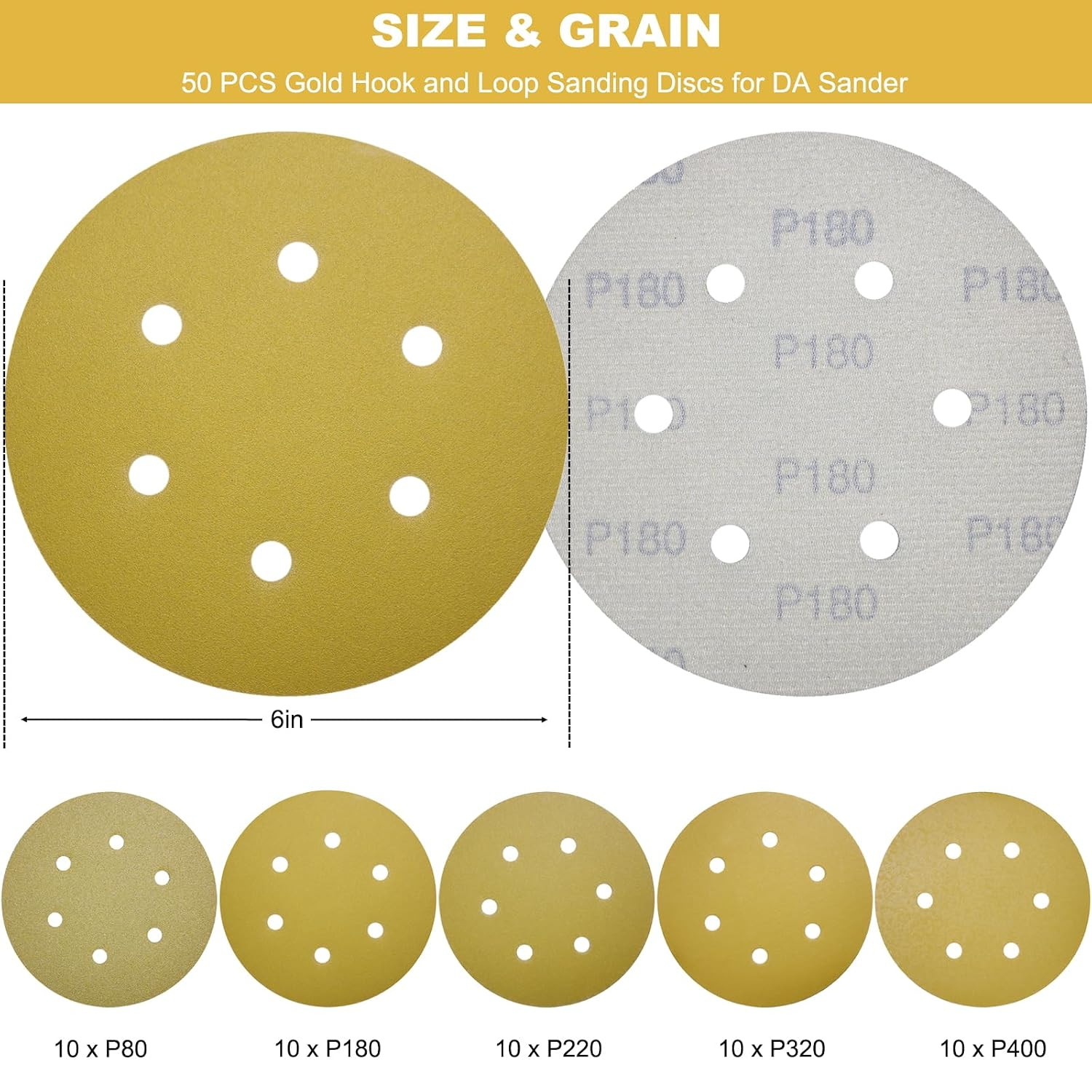 50 Pack 6 Inch 6 Hole Gold Sanding Discs – 80, 180, 220, 320, 400 Grit Dustless