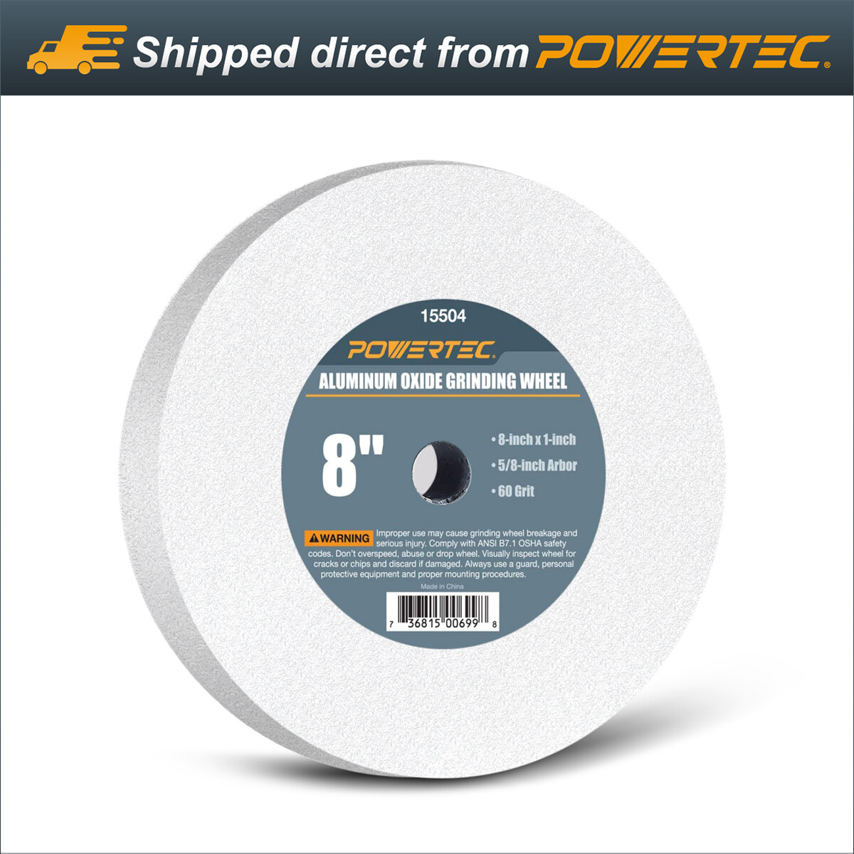 POWERTEC Grinding Wheel 8×1″ Disc x 5/8″ Arbor 60 Grits Aluminum Oxide 15504
