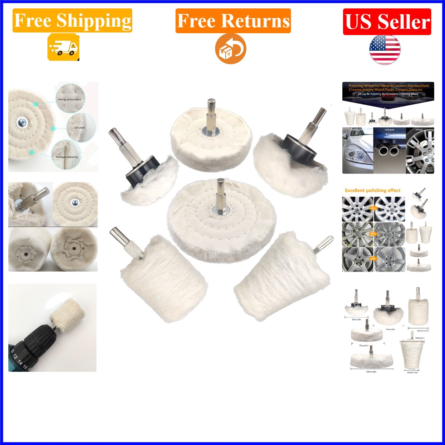 6 pcs Drill Buffing Wheel Set for Metal, Wood, Plastic, Glass, Jewelry
