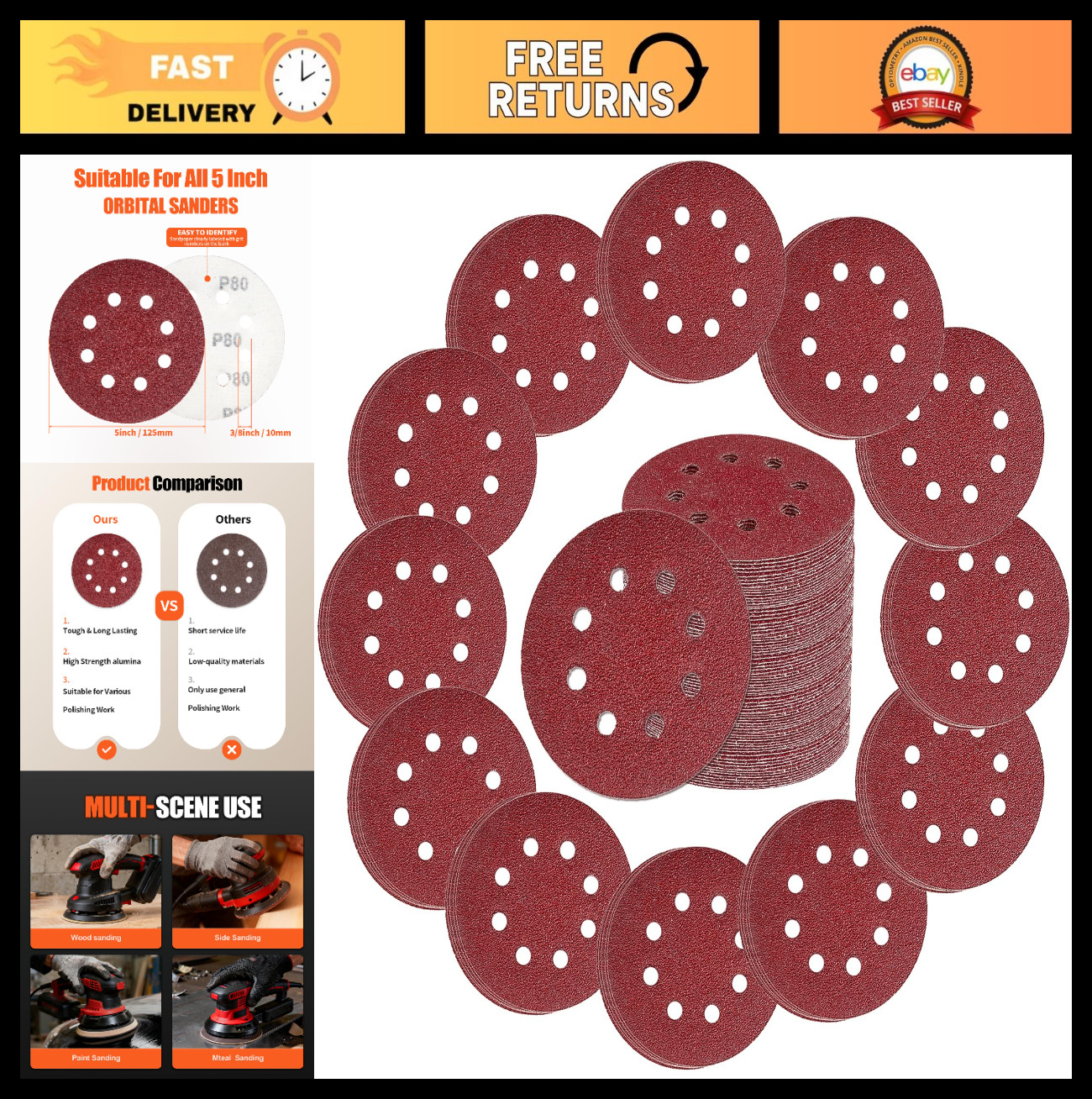 250 PCS 5″ Hook & Loop Sanding Discs Set – 40-600 Grit Sandpaper for Orbital San