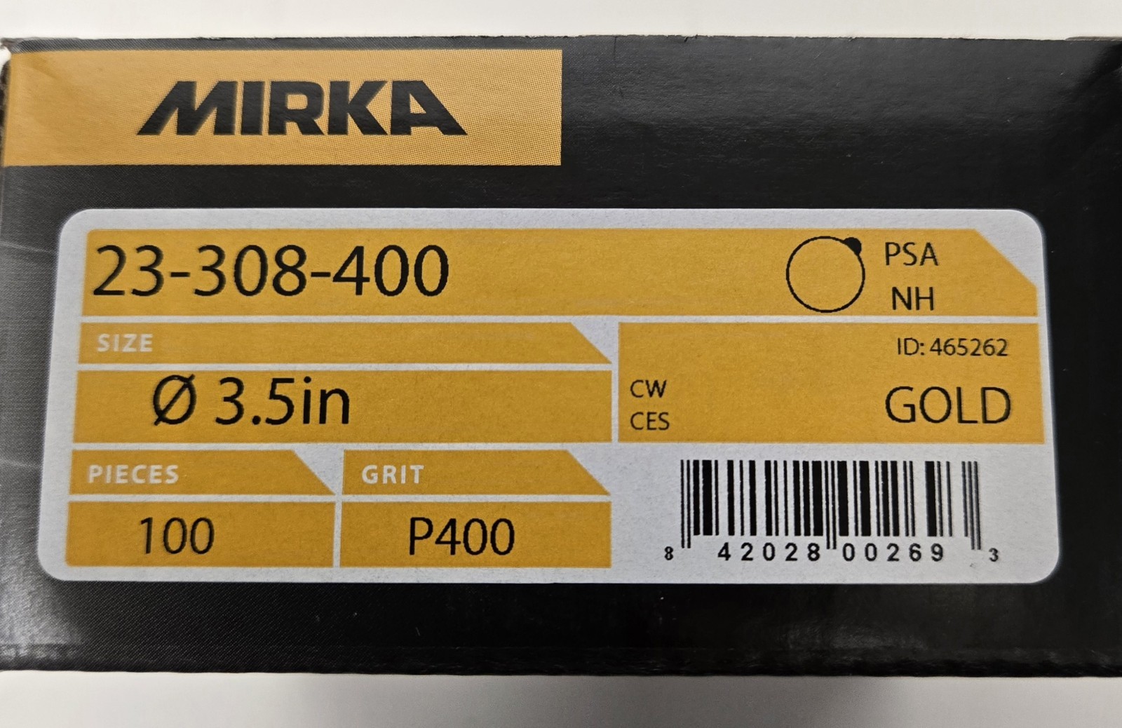 MIRKA SANDING DISCS 23-308-400. GOLD 3.5″, P400 GRIT. BOX OF 100.