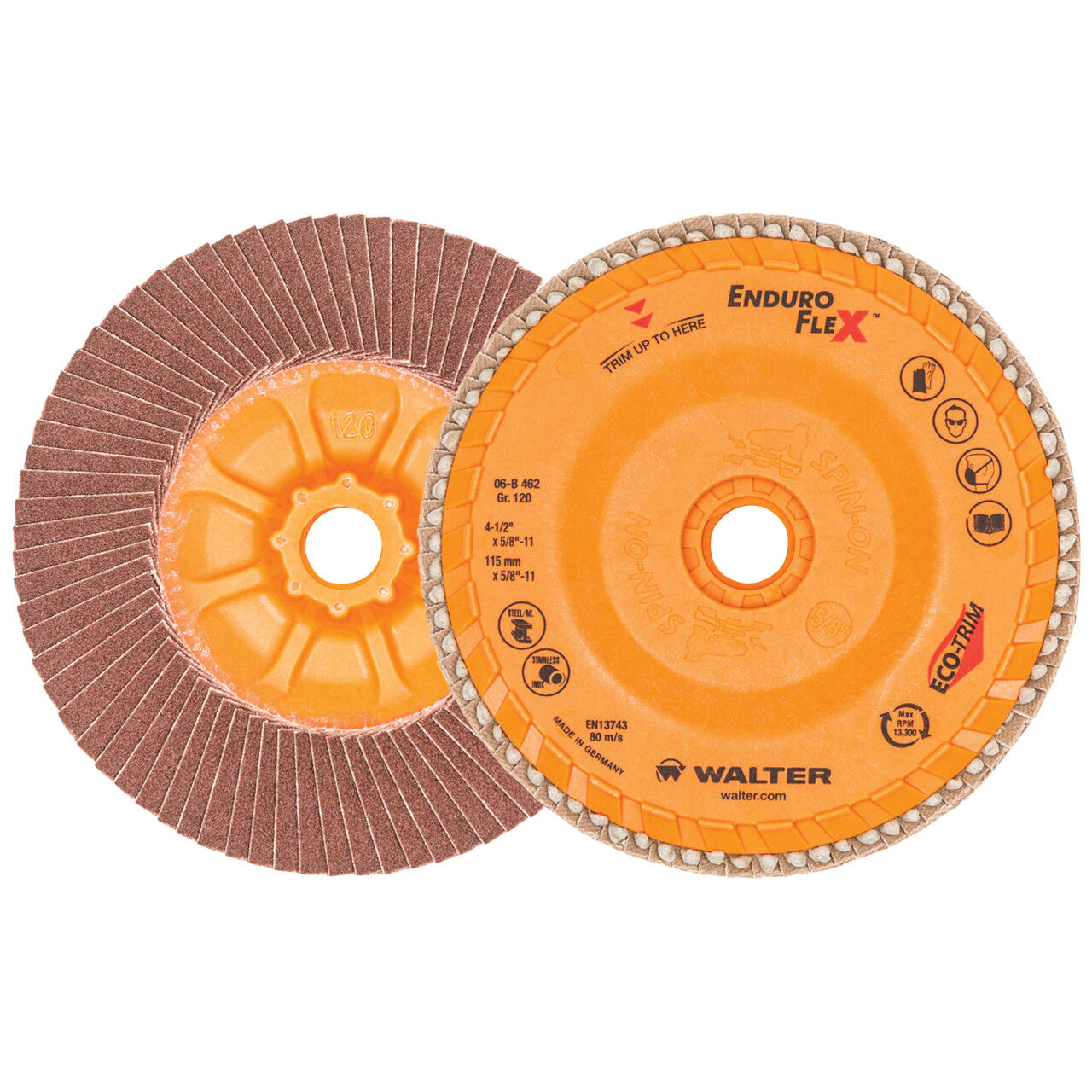 Walter 06B462 4-1/2×5/8-11 Enduro-Flex Spin-On Flap Disc 120 Grit Type 27S 10 pk