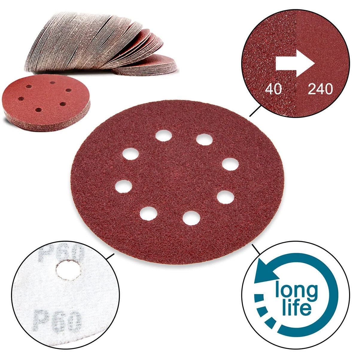 5inch Sanding Discs 40-1000 Grit Hook Loop 8-Hole Orbital Sander Paper Sandpaper