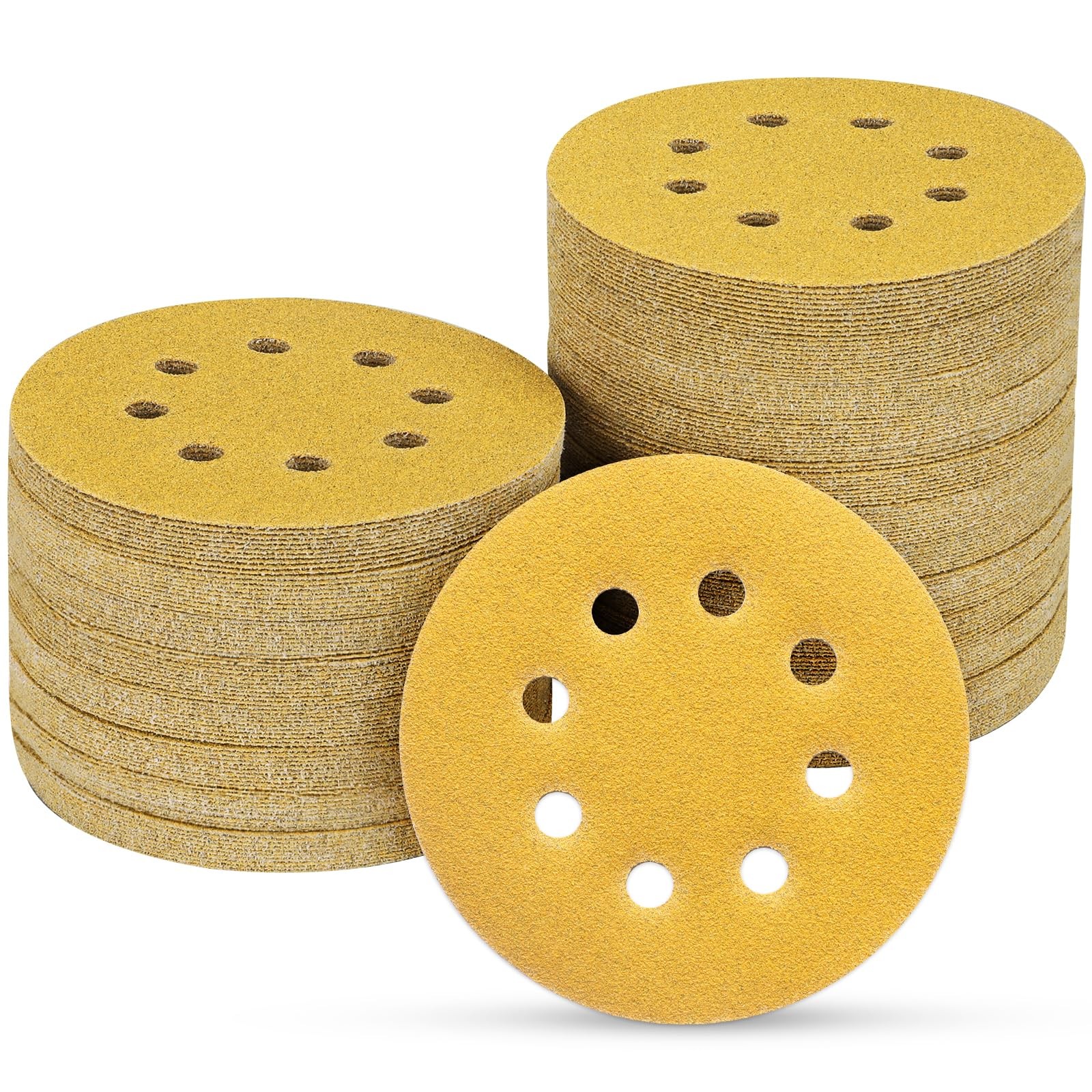 POTUINOM 110PCS 5 Inch 8 Hole Sanding Discs,Gold Round Hook and Loop Sandpape…