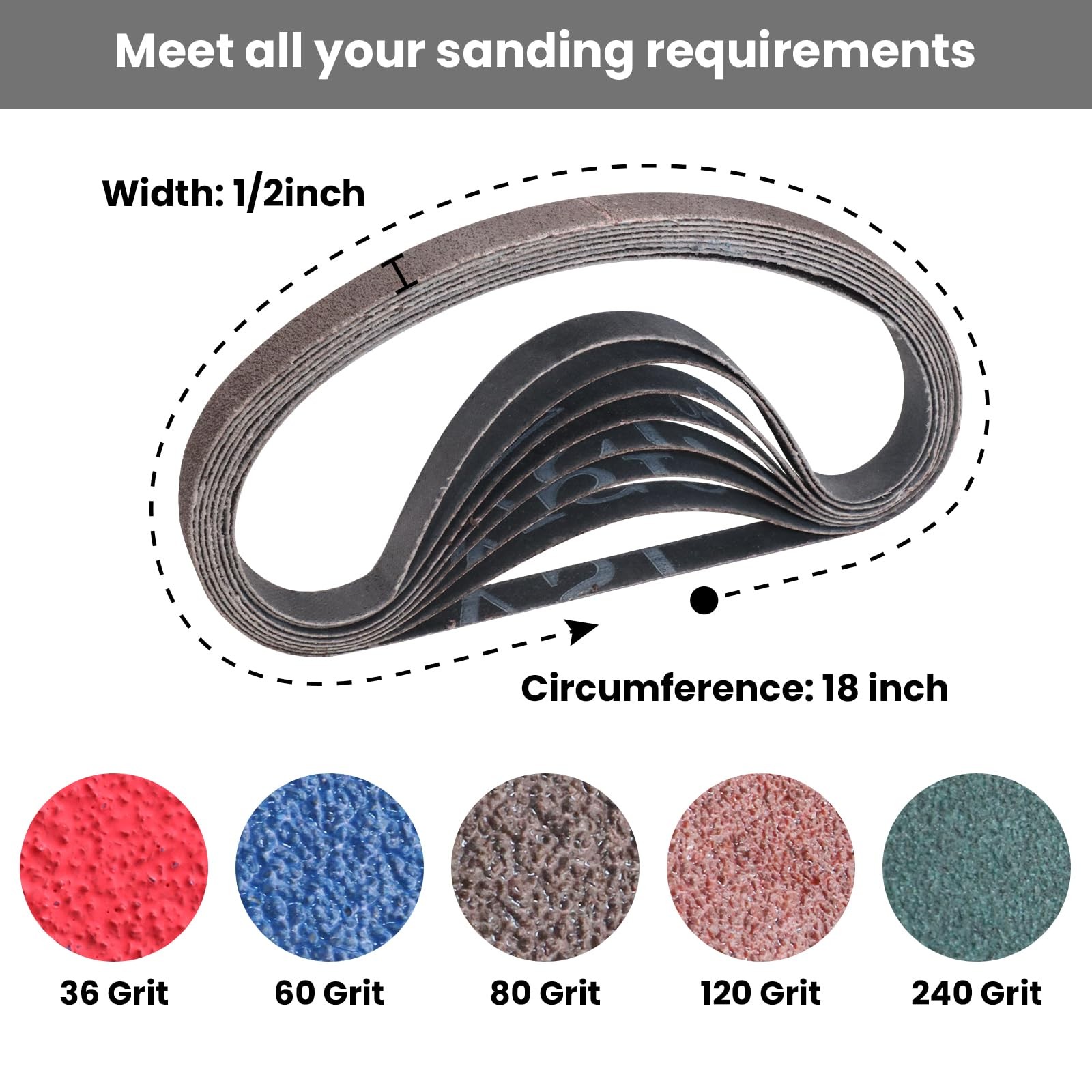 40PCS 1/2 x 18 inch Sanding Belt Kit Each of 36 60 80 120 240 Grits Ceramic a…