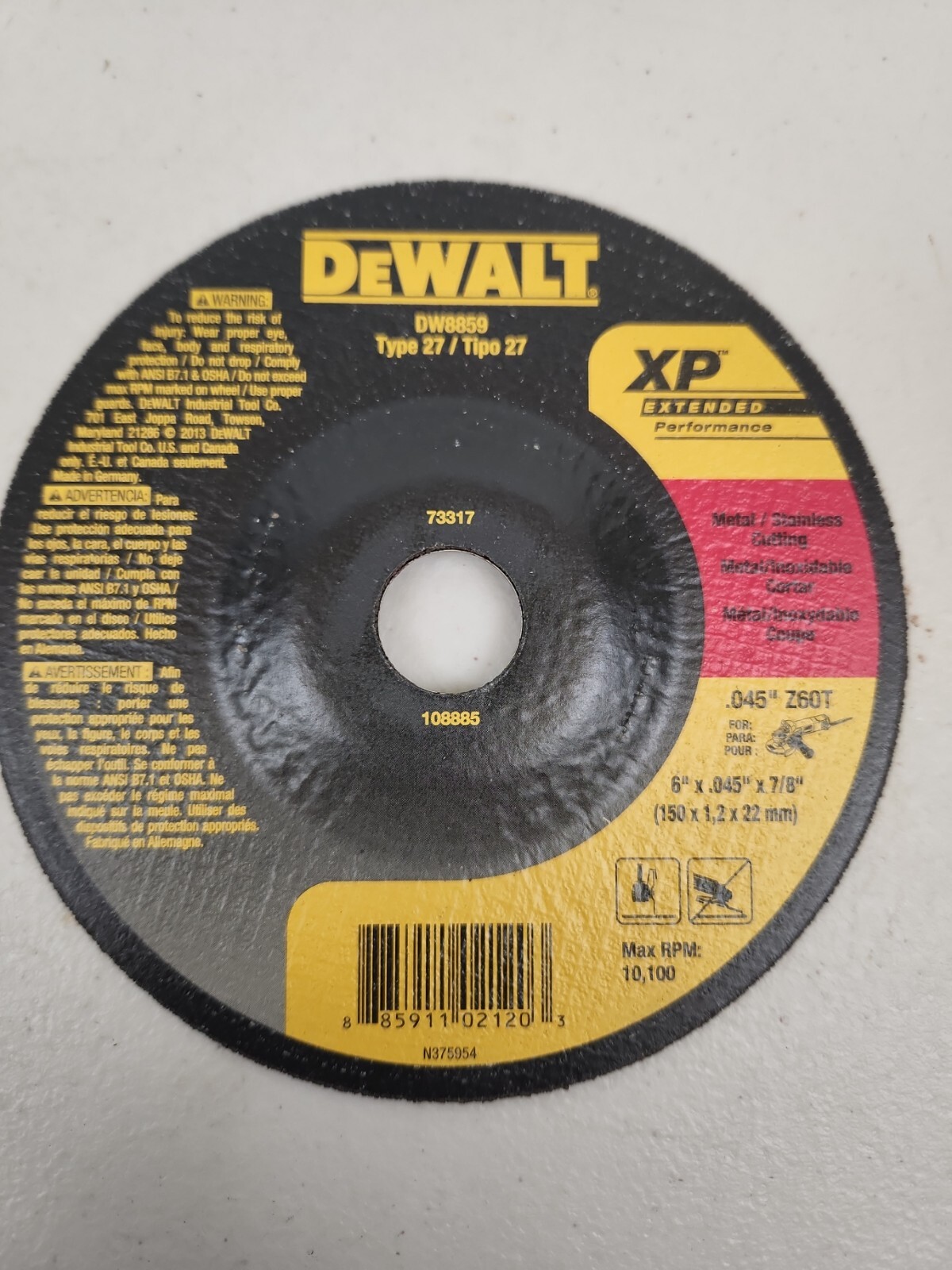 Dewalt DW8859 Metal / Stainless Cutting Wheel 6″ x .045″ x 7/8″ 100 Pack
