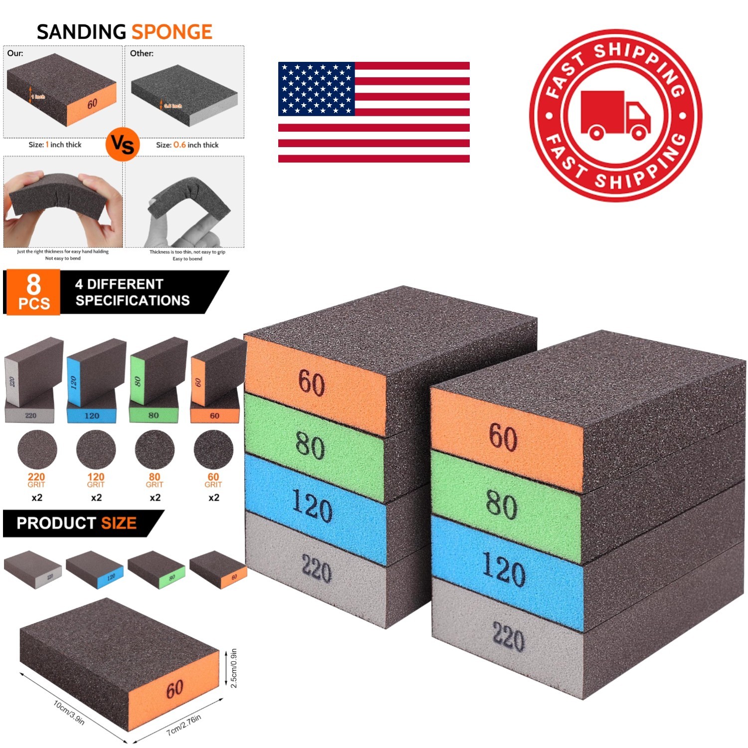 Reusable Sandpaper Sponges 8 Count with 60 80 120 220 Grit for Various Projects