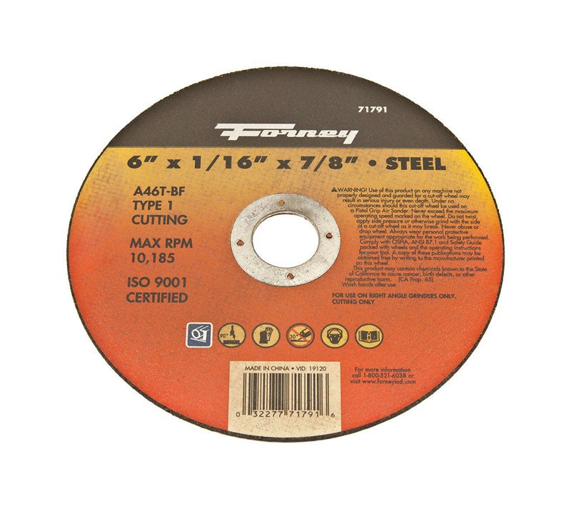 Forney 71791 Aluminum Oxide 10,185 rpm 6 in. Cut-Off Wheel 1/16 in. Thick