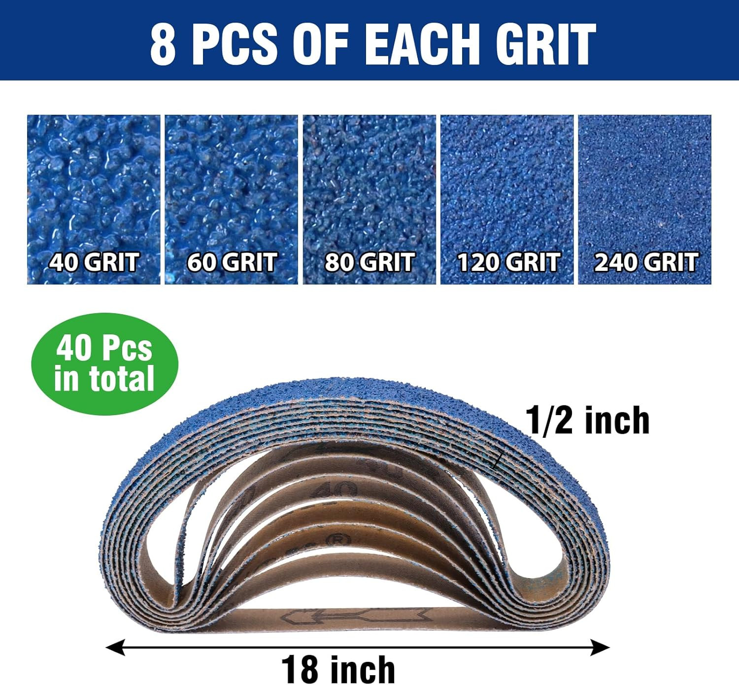 40 PCS 1/2″ x 18″ Zirconia Sanding Belts,8 Each of 40/60/80/120/240 Grits Belt S