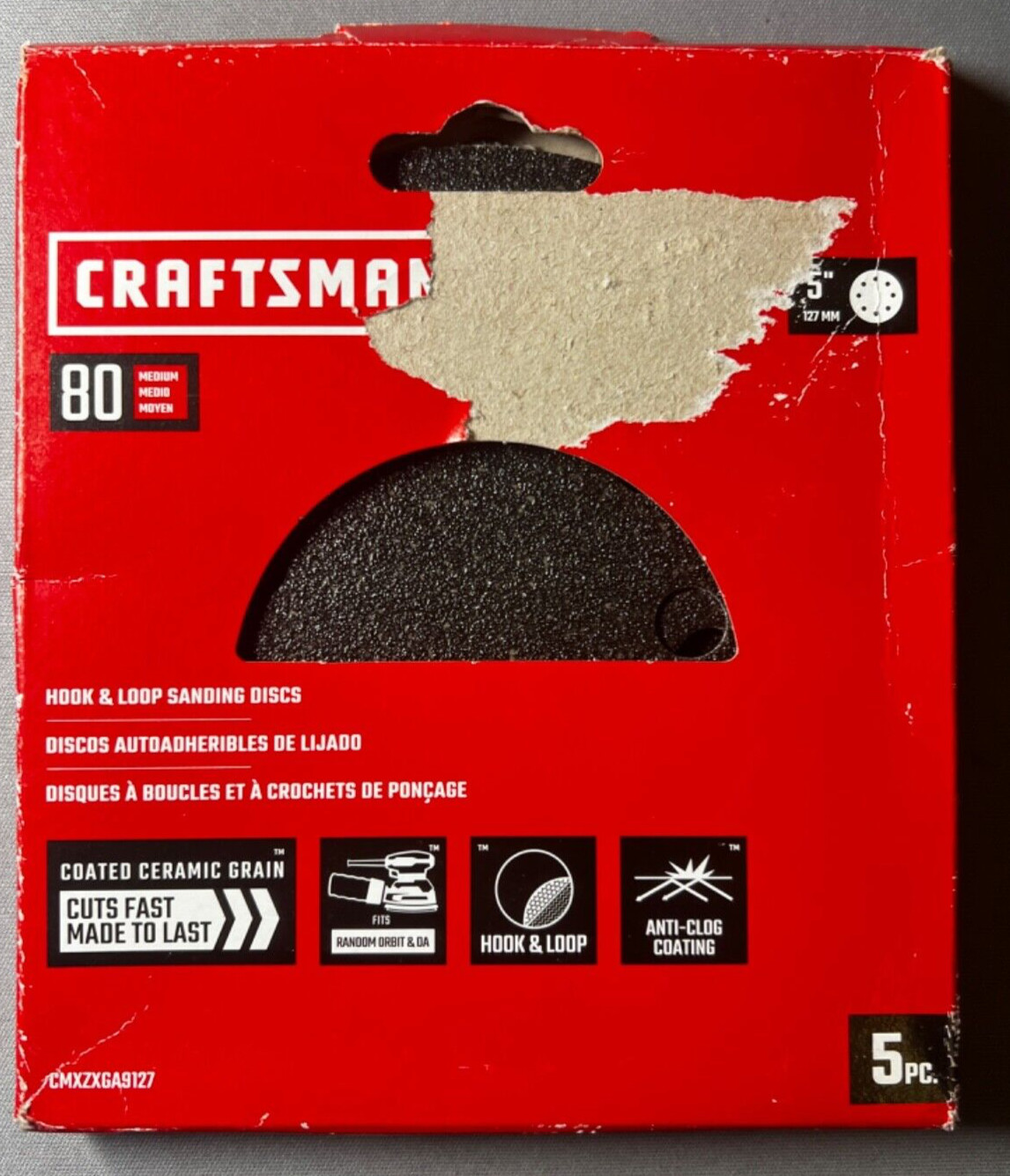 5 Pack Craftsman CMXZXGA9127 5″ Dia. 80 Grit Sanding Discs Fits Orbital Sander