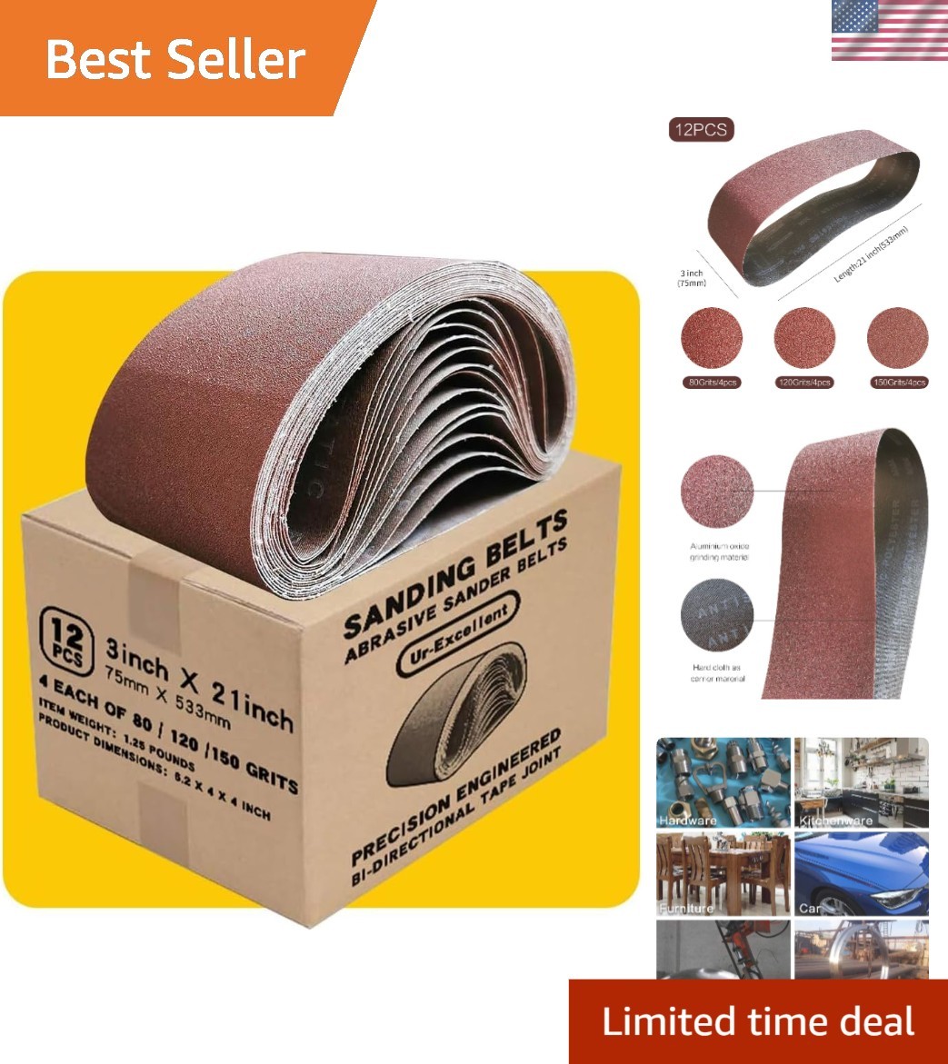 12-Piece 3×21 Inch Sanding Belt Pack – Aluminum Oxide, Durable Grists