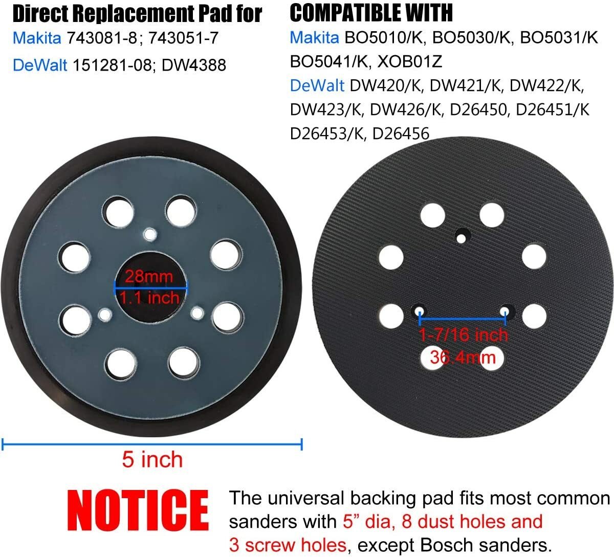 2X 5″ Orbital Sander Pad Hook&Loop For DeWalt DW4388 D26450 D26451 D26453 D26456