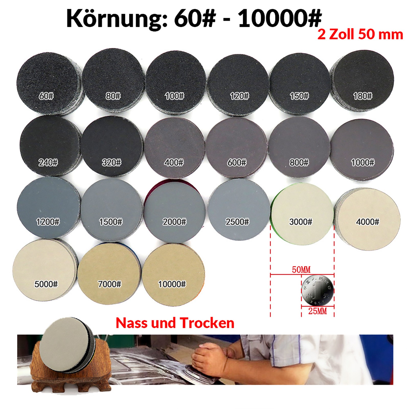 50mm Wet and Dry Sanding Discs 2 inch Sandpaper Hook and Loop Pads Grit 60-10000
