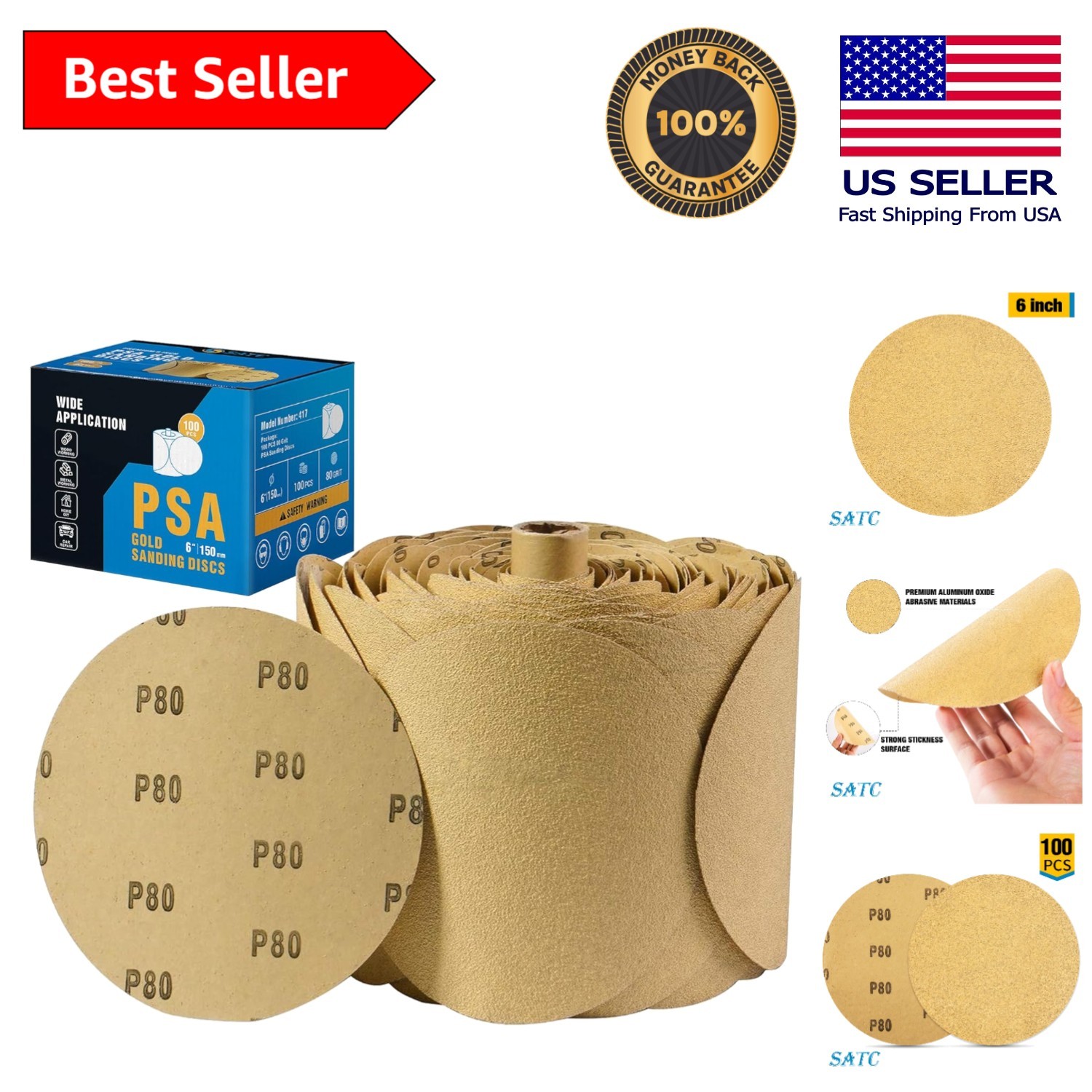 Versatile 6 Inch 80 Grit Sandpaper Discs – Self-Stick Aluminum Oxide, 100 PCS