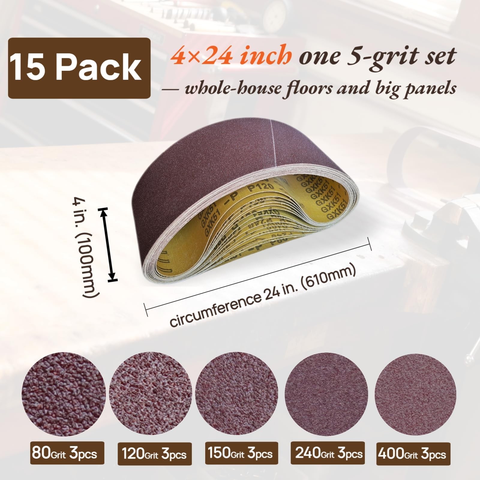 4×24 Inch Sanding Belts: 15 Pack 80–400 Grit — Heavy-Duty Anti-Clog