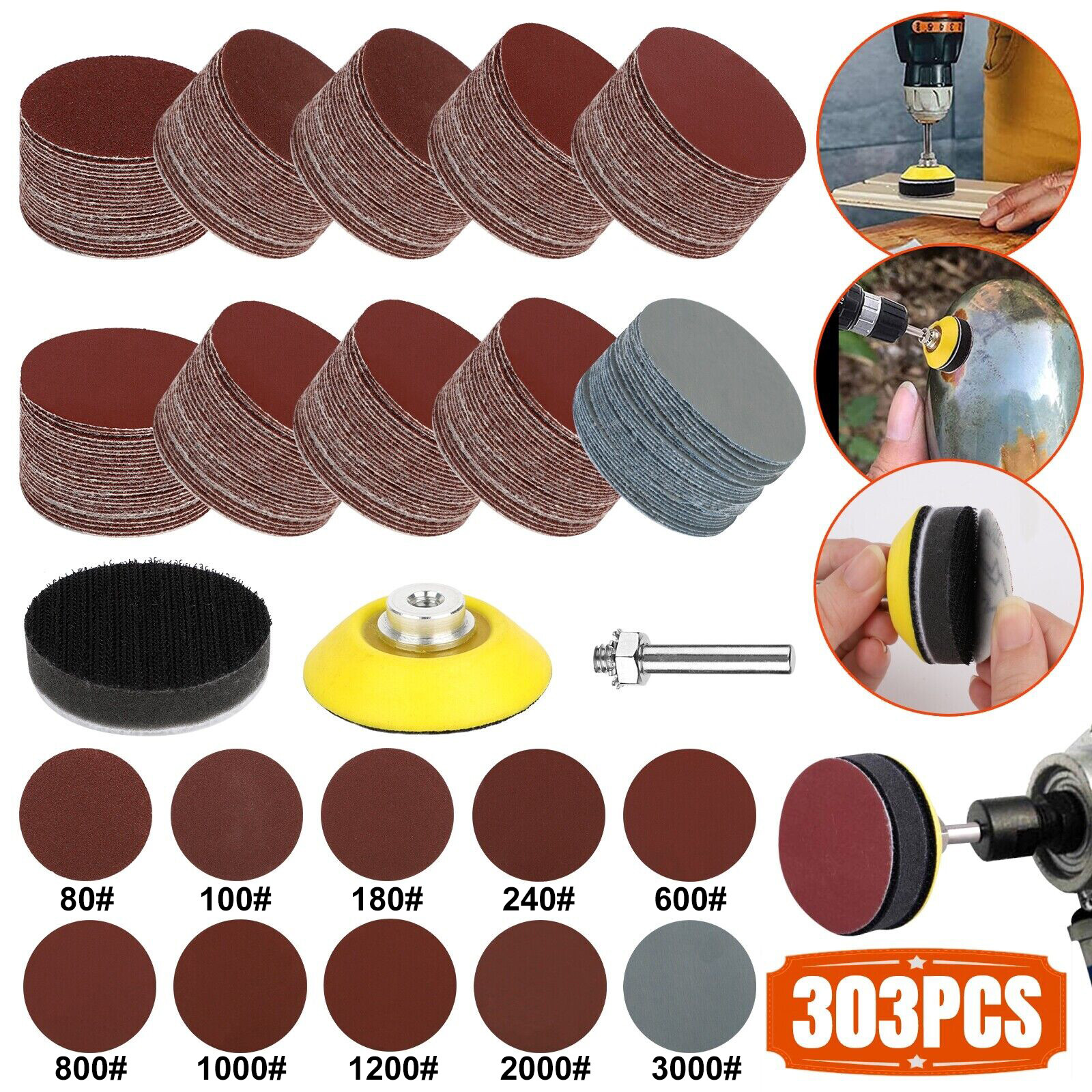 303pcs 2 Inch Sanding Disc Kit, 80-3000 Grit Wet Dry Hook & Loop Sandpaper Pads