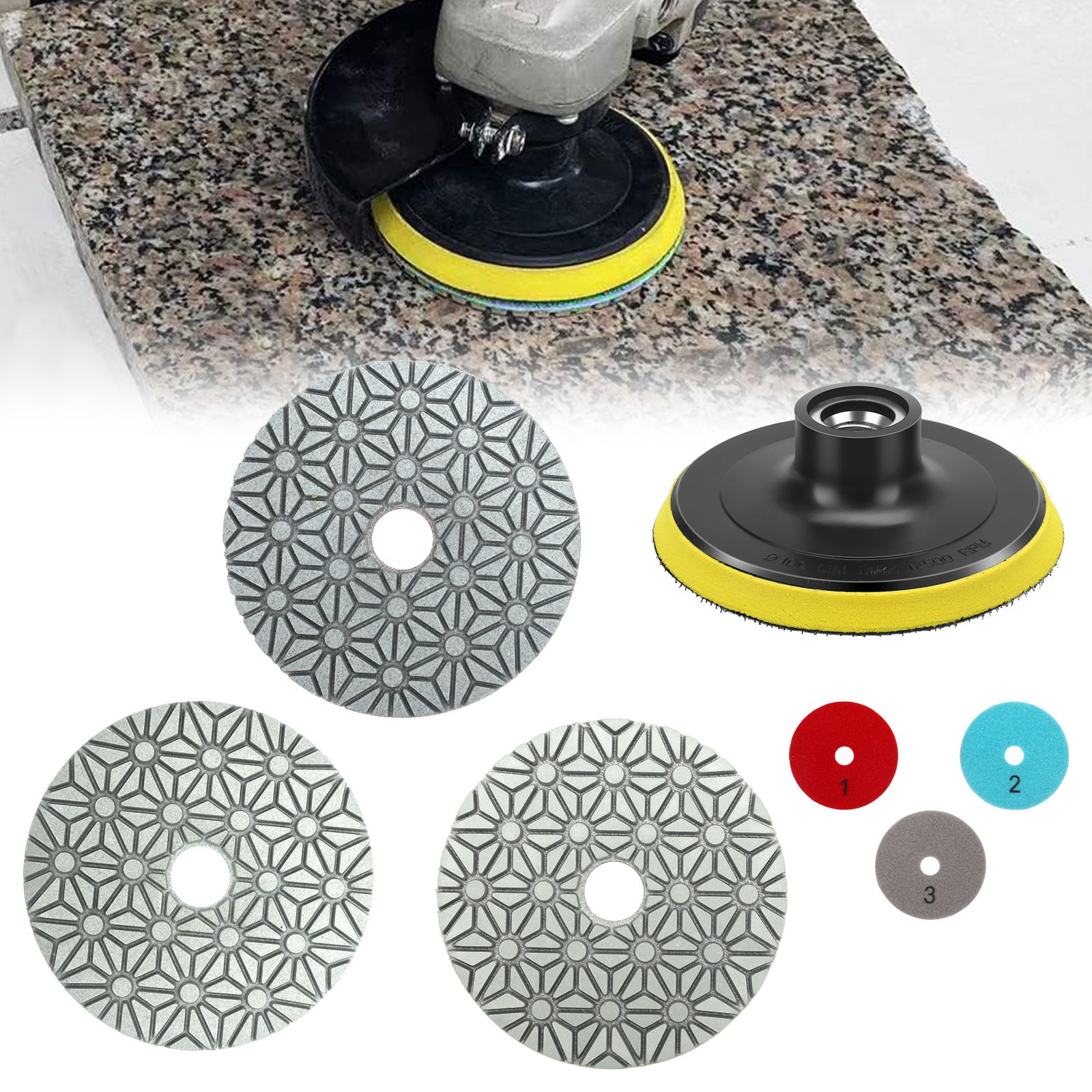 4″ 3-Step Diamond Polishing Pads + Backer for Marble Granite Terrazzo Concrete