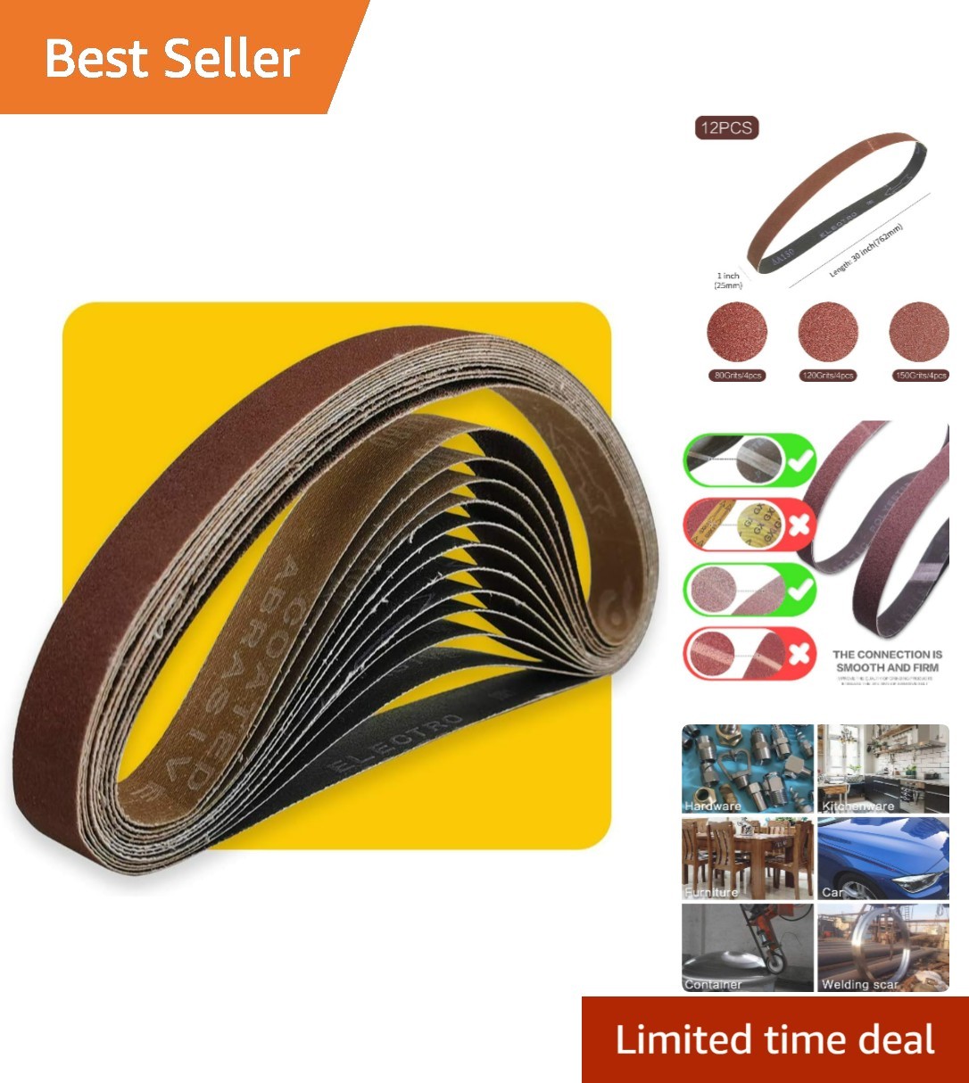 1×30 Inch Aluminum Oxide Sanding Belt Pack – 12 Piece Set with 80, 120, 150 Grit