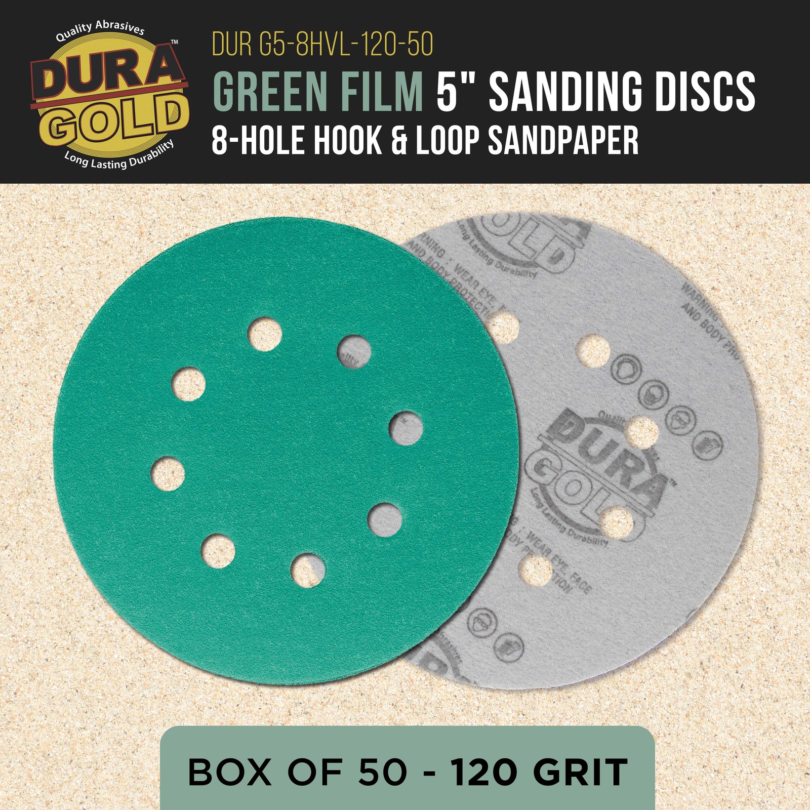 120 Grit 5″ Green Sanding Discs, 8-Hole, Box of 50 – Hook & Loop Sandpaper