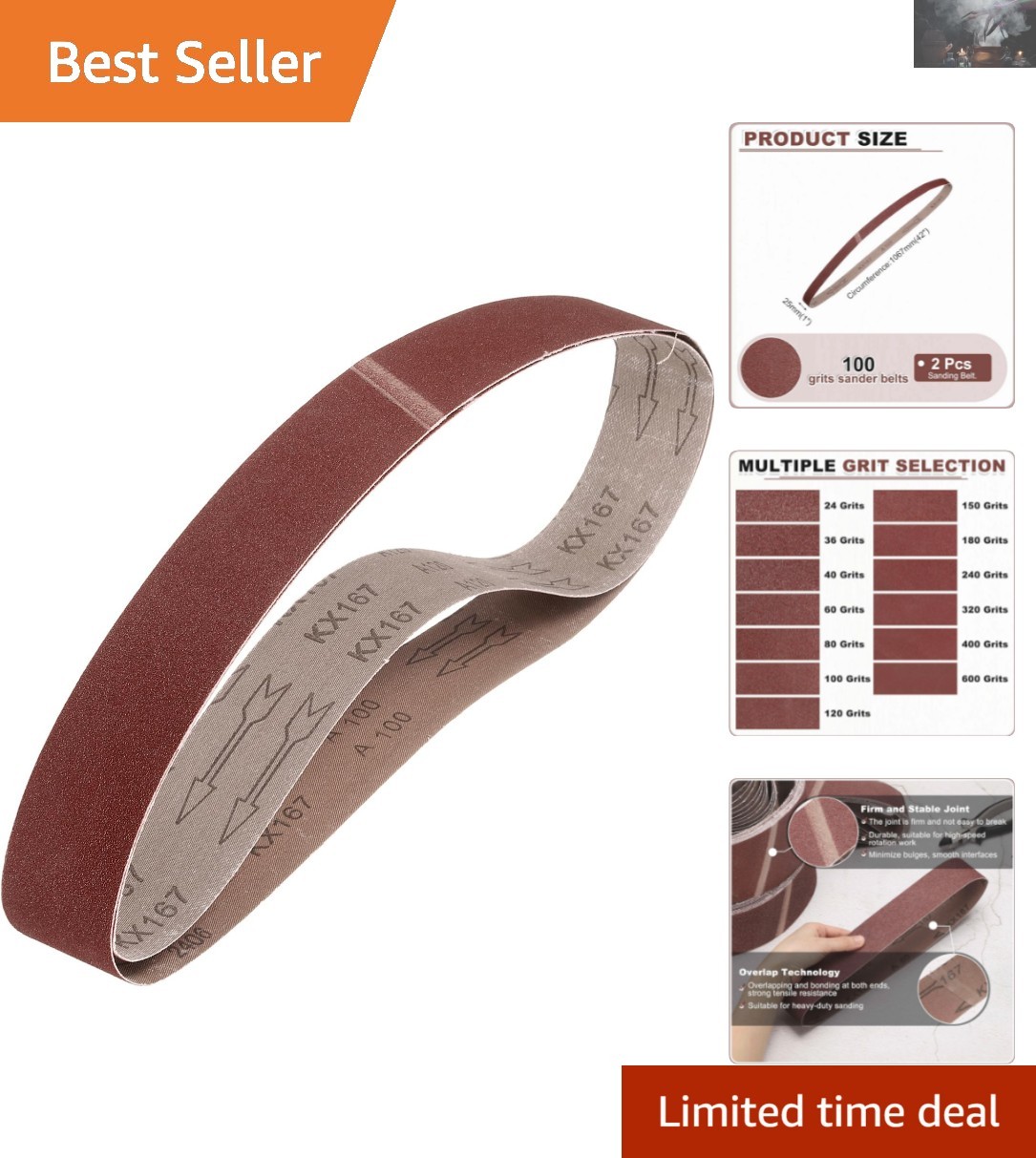 2 Pcs 1 x 42 Inch 100 Grit Aluminum Oxide Sanding Belts for Precision Sanding