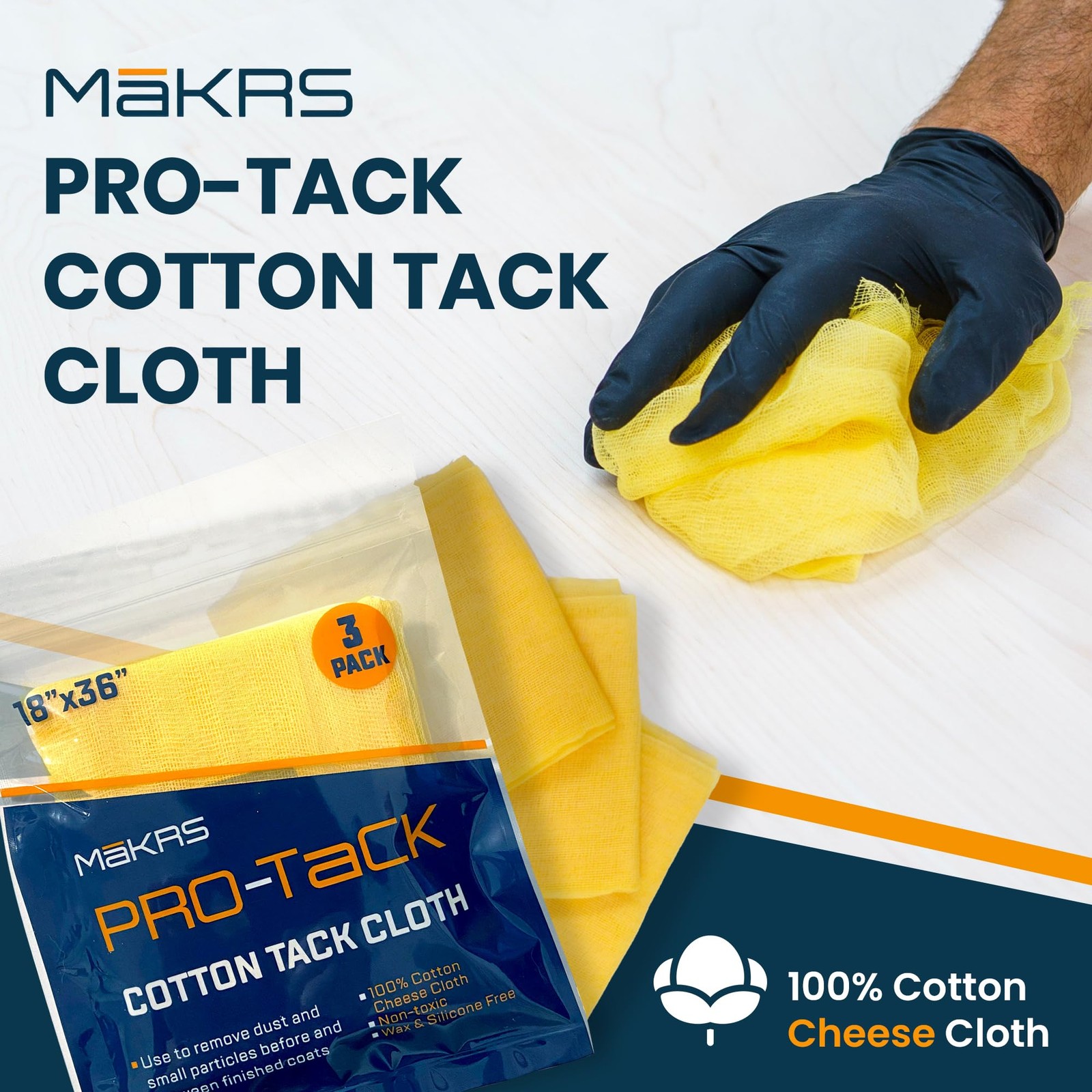 Mākrs 18″ X 36″ Pro-Tack Tack Cloth, 3-Pack Wood Prep Cloths, Remove and Trap