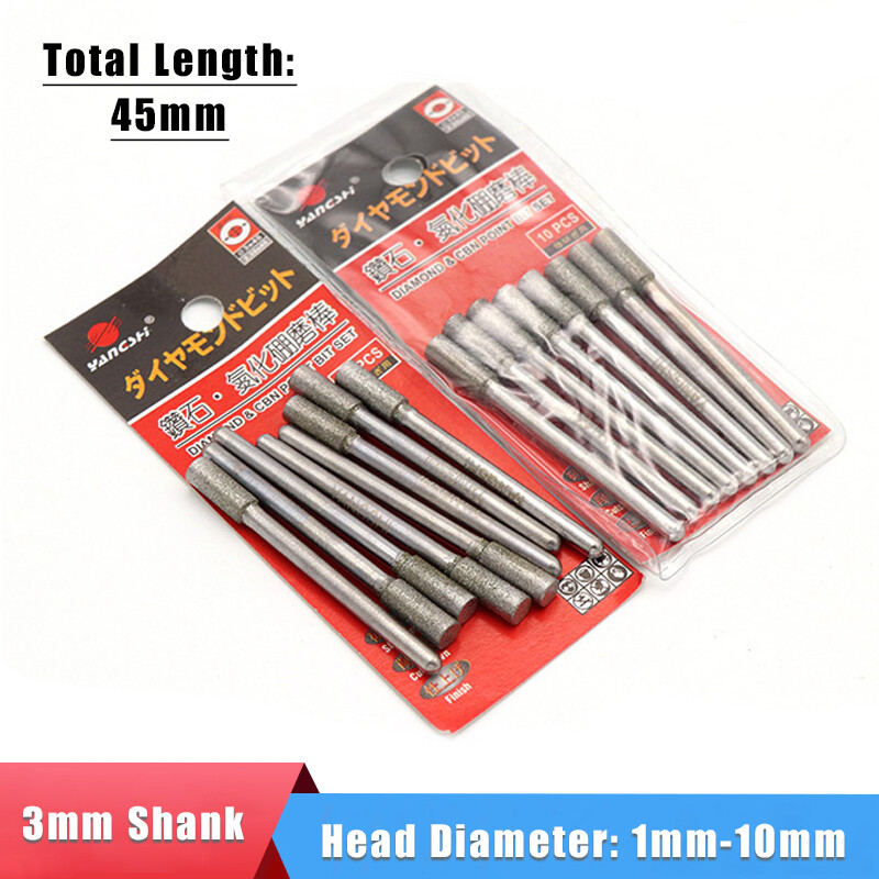 3mm Shank Cylindrical Diamond Grinding Heads Burr Drill Bits Jade Stone Carving