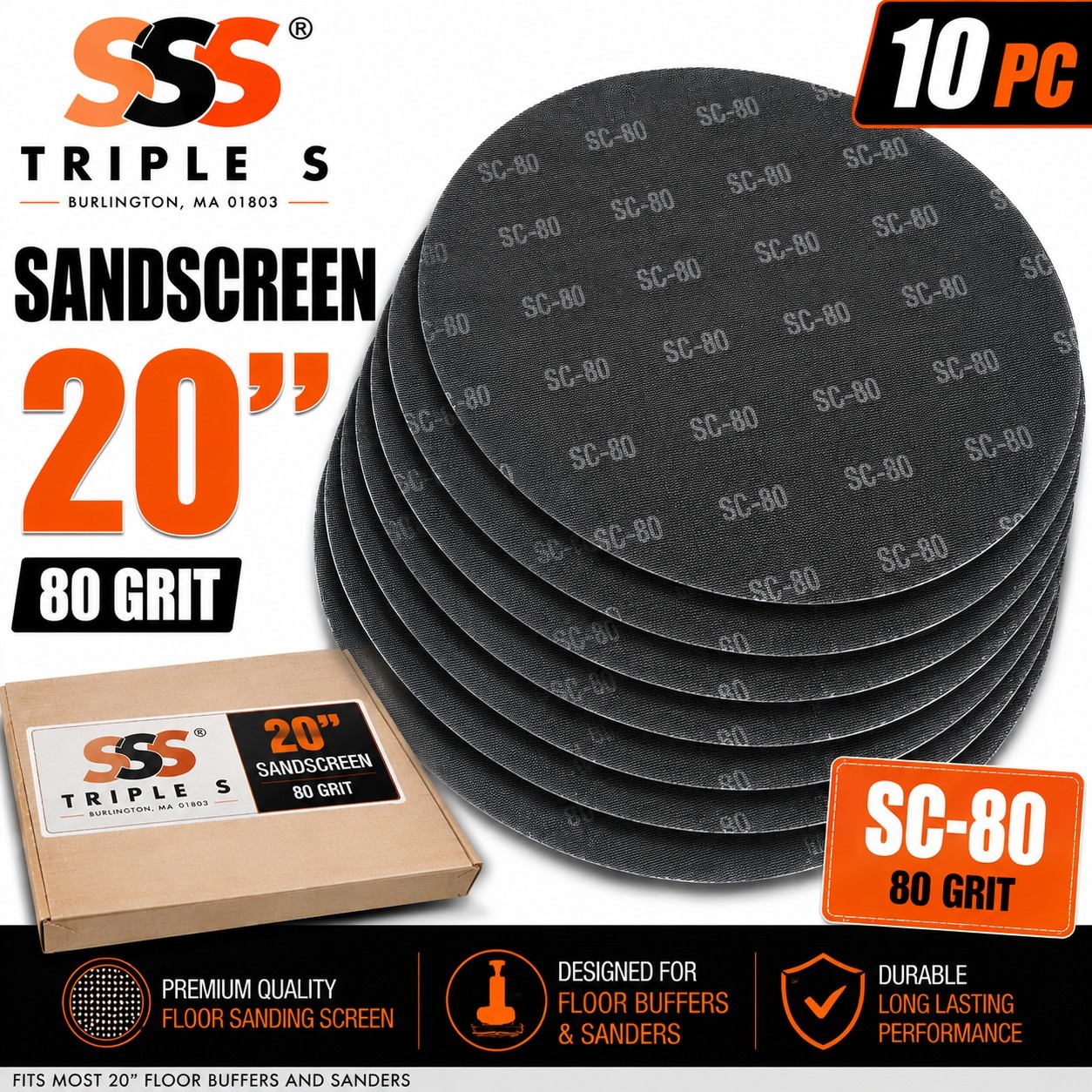 Triple S Floor Sanding Screen Disc, 10 Pack, 20″, Grit 80