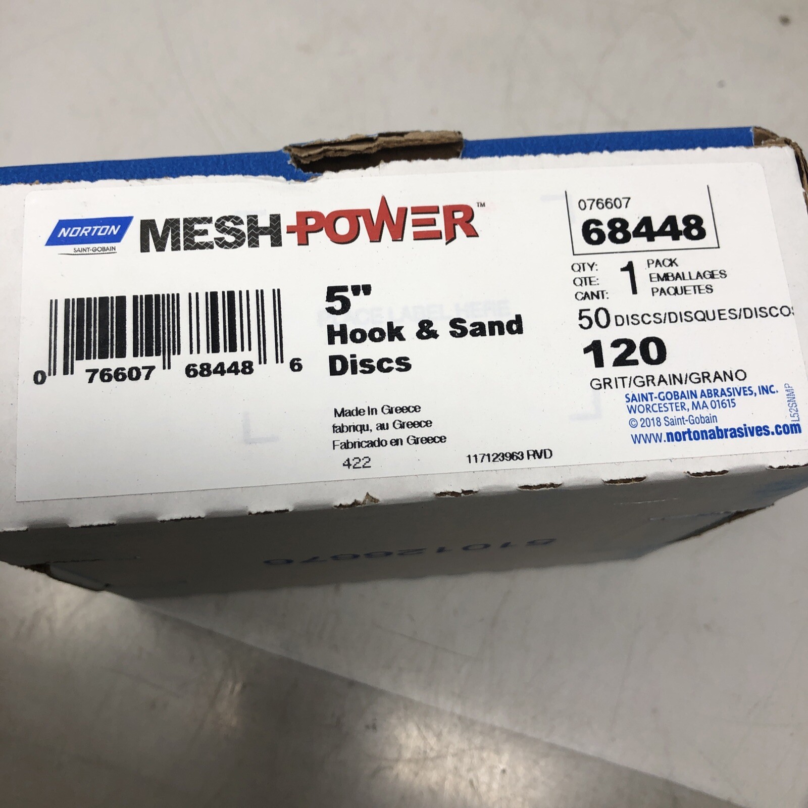 Norton Saint Gobain Mesh Power 5″ Hook & Sand Discs Model 68448, 50Discs 120Grit