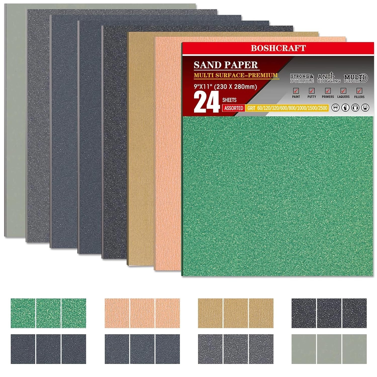 24 PCS 9″ x 11″ Wet Dry Sand Paper Assortment for Wood Metal Automotive – 3 S…