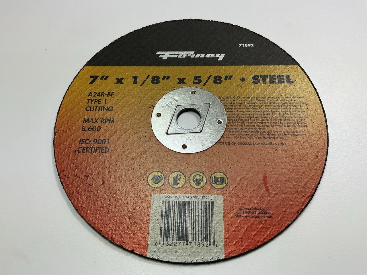 Forney 71892 Cut-Off Wheel, Metal, Type 1 (Flat), 7 In X 1/8 In X 5/8 In