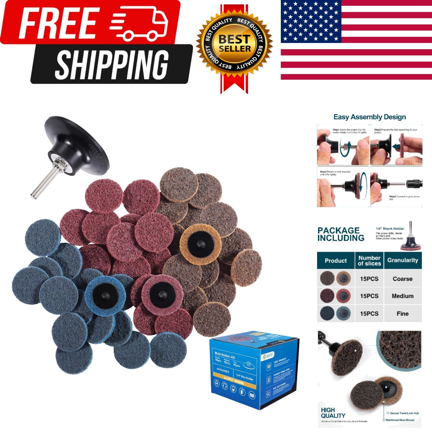 46PCS Sanding Discs 2 Inch Quick Change Discs 1pcs 1/4” Holder Surface Condi…