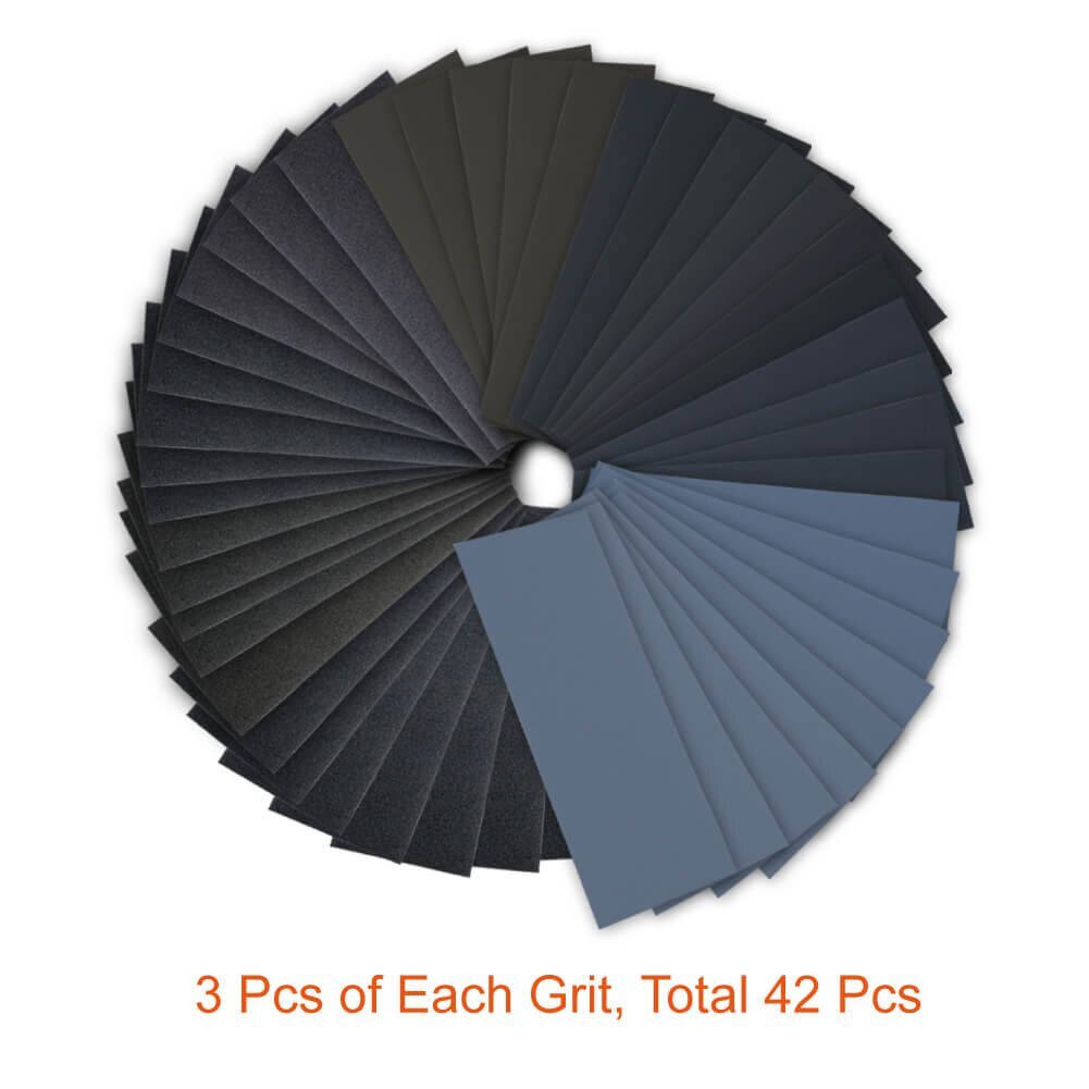 42 Pcs Wet and Dry Sandpaper Abrasive Sheets for Automotive Furniture Finishing