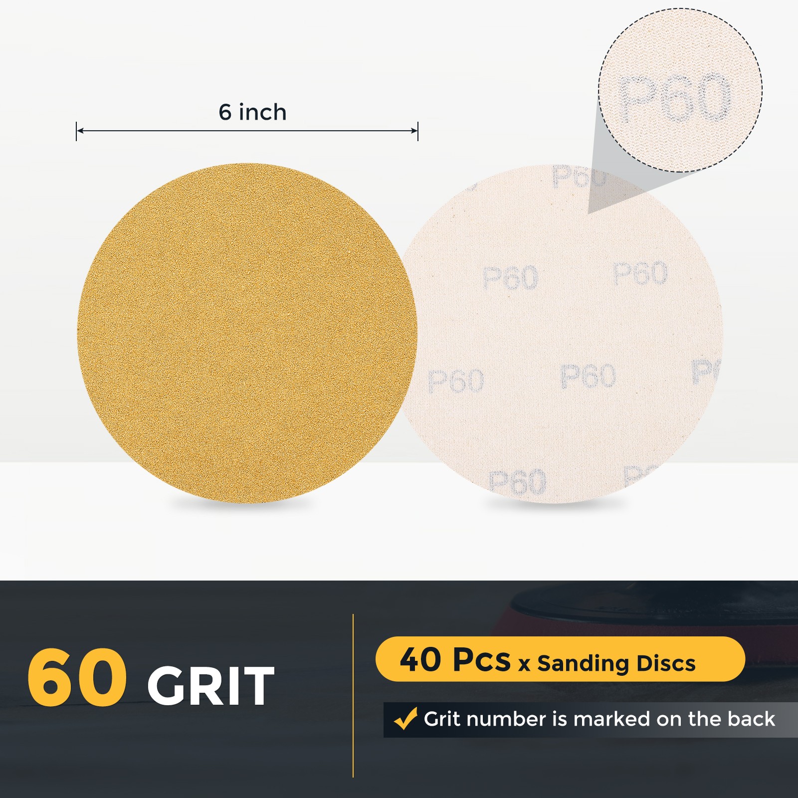 40 Pcs 6 Inch Sanding Disc 60 Grit Hook and Loop Sandpaper, Gold